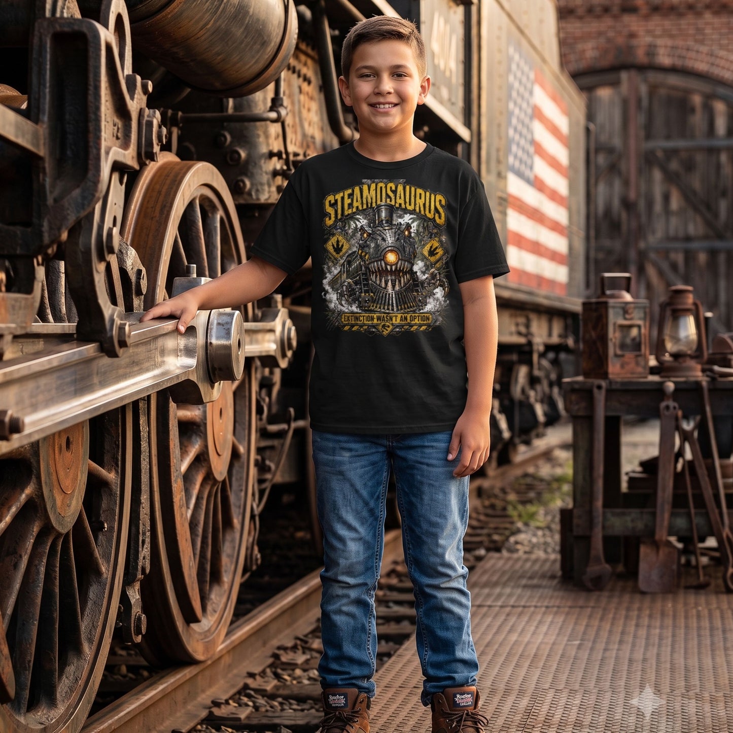 A boy wear a Youth black t-shirt featuring a graphic that combines a T-Rex dinosaur and a steam locomotive. The monster train has metal teeth, mechanical claws, and a glowing orange headlight. Yellow distressed text reads "STEAMOSAURUS" at the top and "EXTINCTION WASN'T AN OPTION" on a hazard banner at the bottom. The background includes jungle trees and yellow dinosaur footprint caution signs.