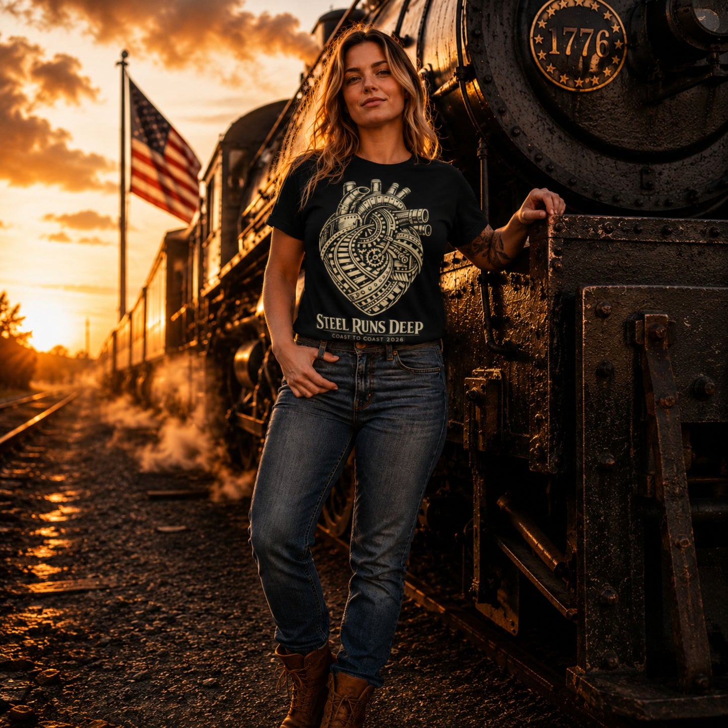 Black women's t-shirt featuring an intricate vintage illustration of a mechanical heart made of train tracks and gears, with text reading "Steel Runs Deep" and "Coast to Coast 2026".