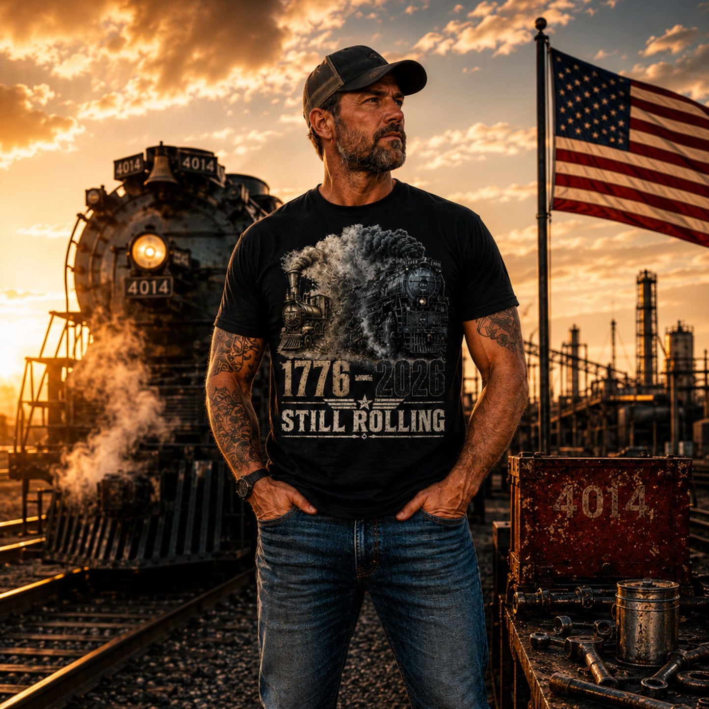 Man standing in front of a steam locomotive with an American flag, wearing a Black t-shirt featuring a detailed graphic of two steam locomotives from different eras emerging from heavy smoke side-by-side, with bold distressed text reading "1776-2026" and "STILL ROLLING" flanked by a vintage star and wings emblem.