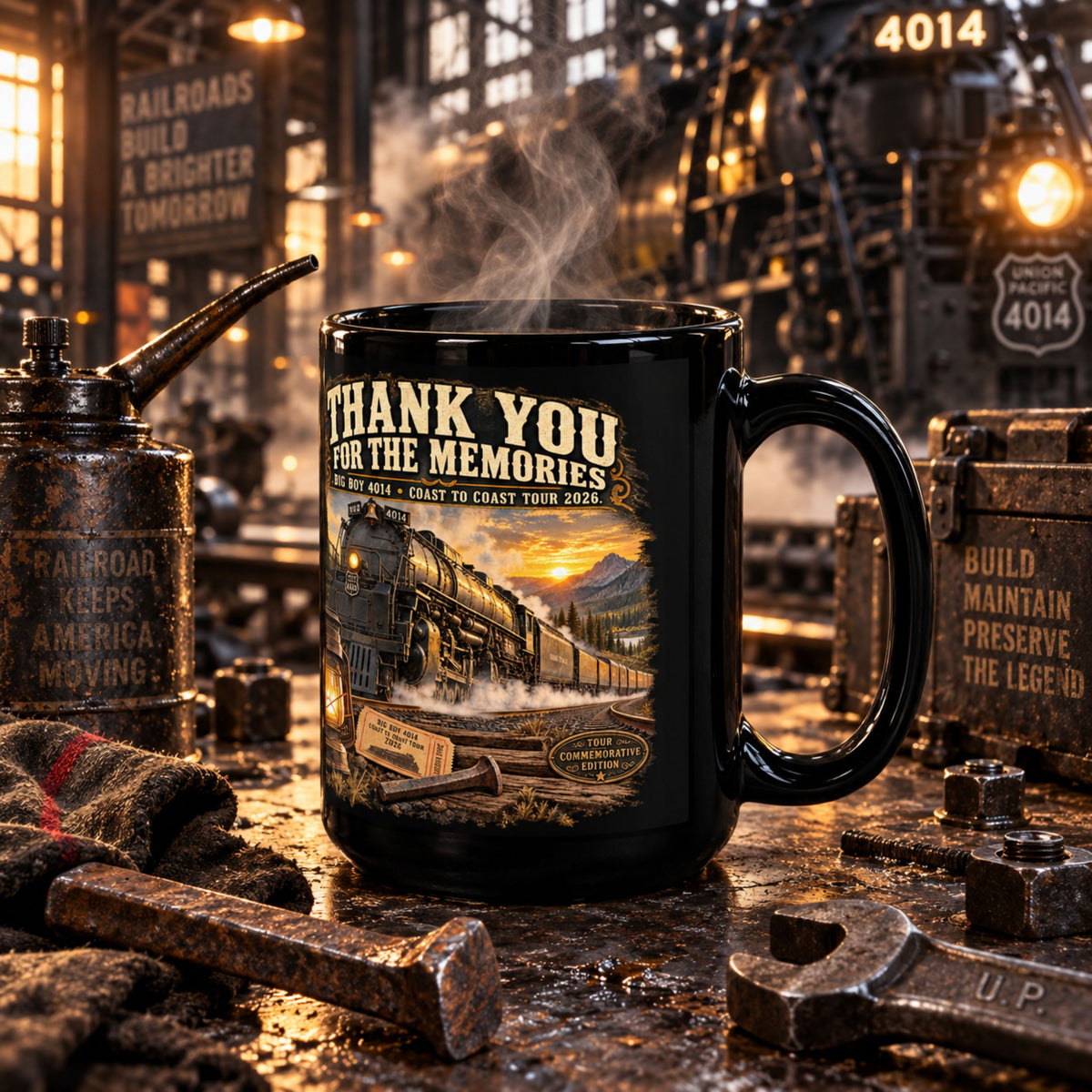 A black ceramic mug with a steaming handle, featuring a vintage train illustration and the text 'THANK YOU FOR THE MEMORIES' on a rustic railroad workshop table surrounded by old tools and signs.