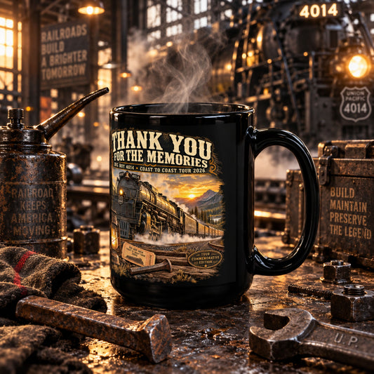 A black ceramic mug with a steaming handle, featuring a vintage train illustration and the text 'THANK YOU FOR THE MEMORIES' on a rustic railroad workshop table surrounded by old tools and signs.