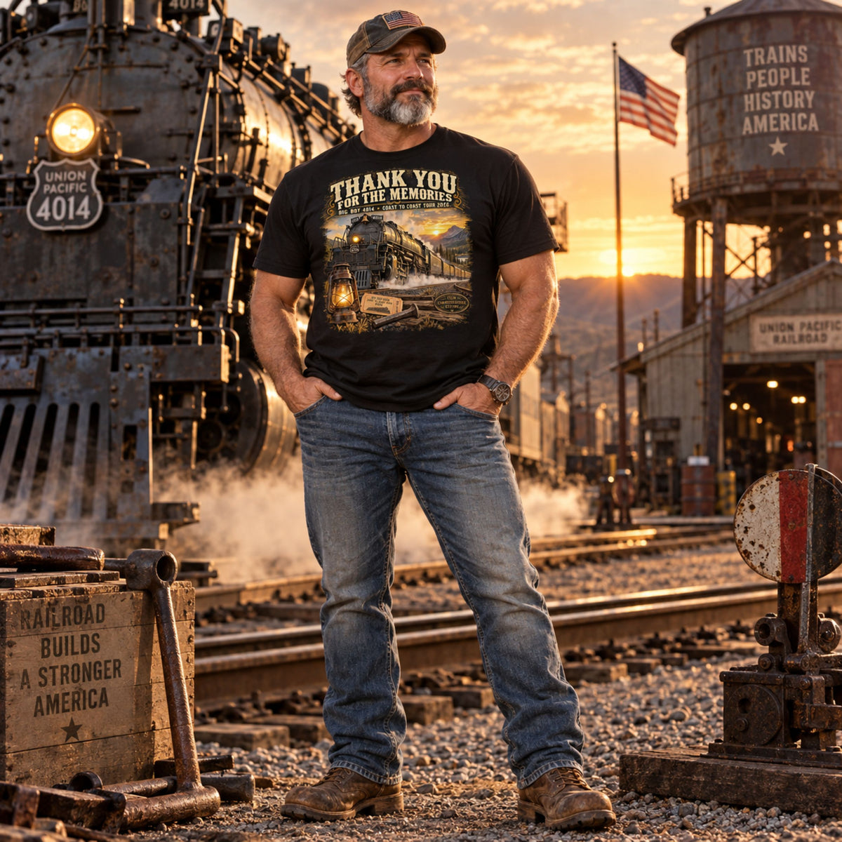 A man wearing a Black classic t-shirt featuring a detailed vintage graphic of the Big Boy 4014 steam locomotive traveling through a mountain landscape at sunset. Bold, vintage-style text reads "THANK YOU FOR THE MEMORIES" and "BIG BOY 4014 - COAST TO COAST TOUR 2026". The bottom of the design features a glowing lantern, a commemorative ticket, a railroad spike, and a "TOUR COMMEMORATIVE EDITION" badge. stands on a railway track at sunset, with a vintage steam locomotive and a water tower in the background.