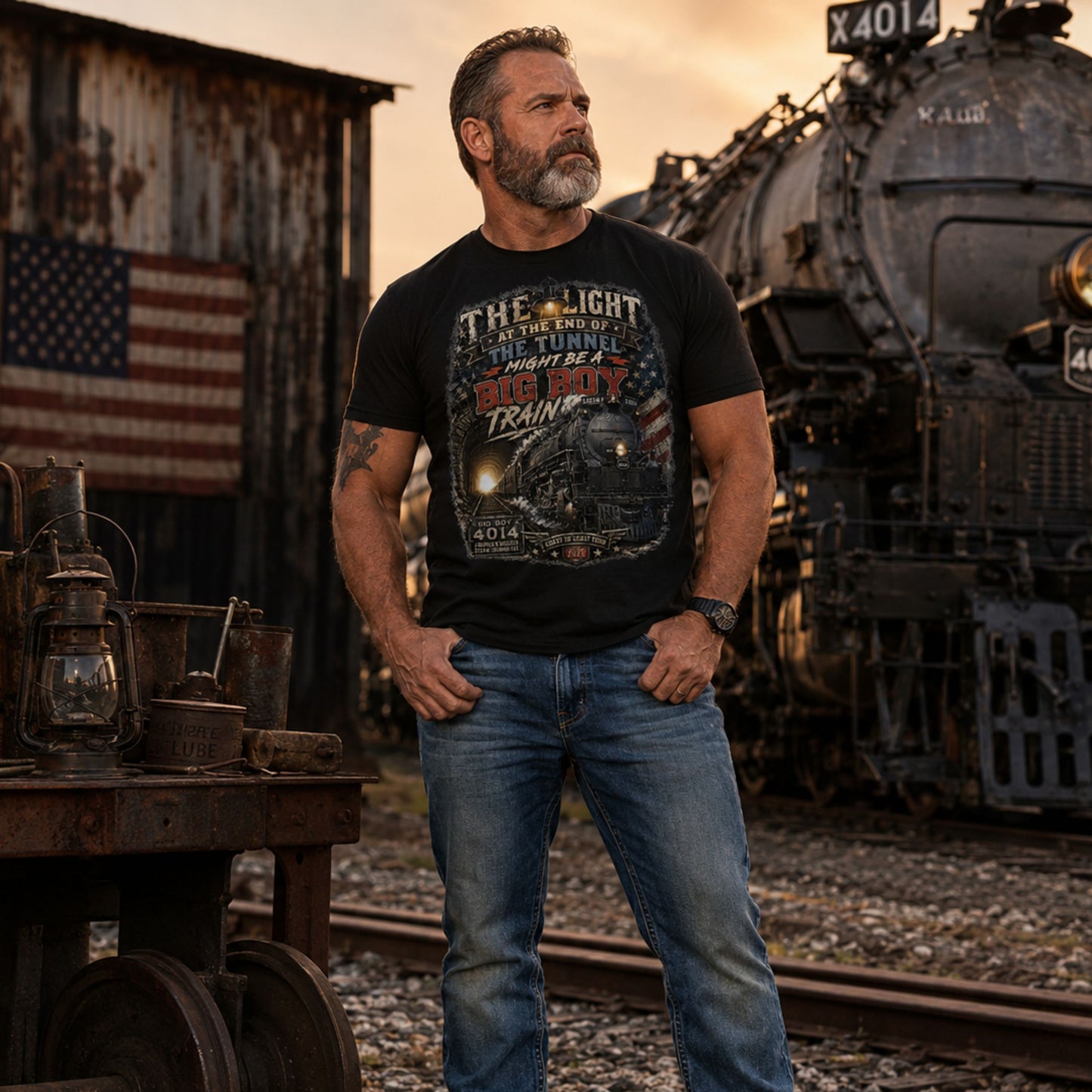 Man wearing a Black t-shirt featuring a highly detailed vintage graphic. The design shows the Big Boy 4014 steam locomotive emerging from a dark tunnel with a glowing light behind it. A vintage lantern hangs at the top, and a distressed American flag is on the right. Bold text reads "THE LIGHT AT THE END OF THE TUNNEL MIGHT BE A BIG BOY TRAIN". Bottom badges read "BIG BOY 4014 AMERICA'S BIGGEST STEAM LOCOMOTIVE" and "COAST TO COAST TOUR 2026".