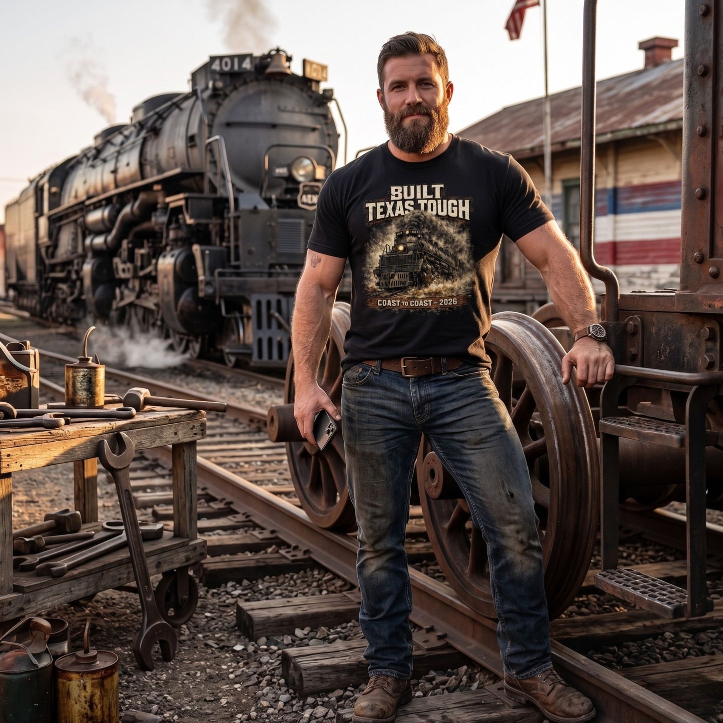 Man standing on train tracks with a steam locomotive in the background, wearing a 'Built Texas Tough' t-shirt.