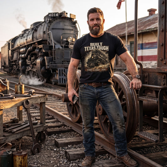 Man standing on train tracks with a steam locomotive in the background, wearing a 'Built Texas Tough' t-shirt.