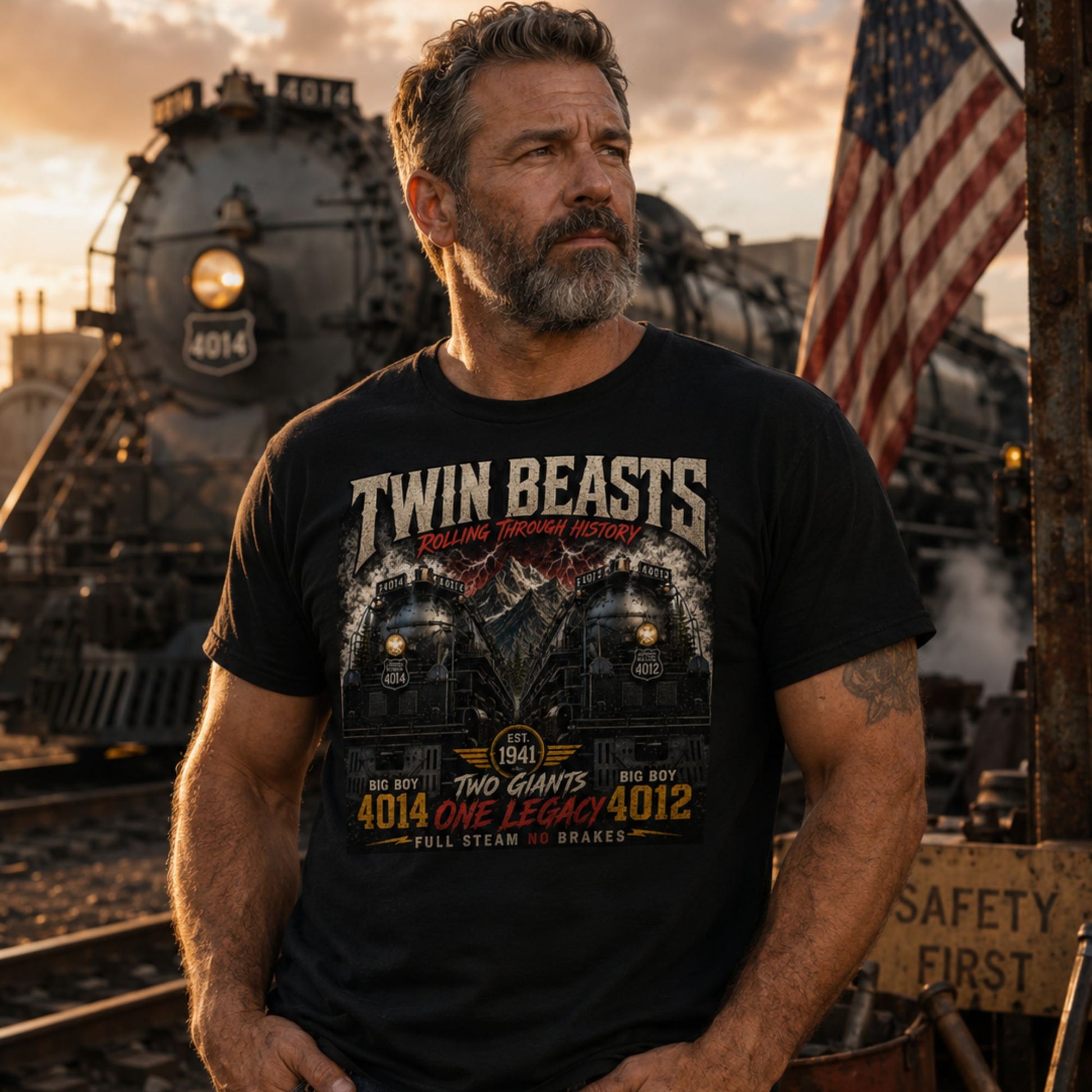 Man wearing a Black t-shirt featuring a symmetrical graphic of two steam locomotives, Big Boy 4014 on the left and Big Boy 4012 on the right, side-by-side in front of a mountain range with red lightning strikes. Text reads "TWIN BEASTS", "ROLLING THROUGH HISTORY", "EST. 1941", "TWO GIANTS ONE LEGACY", and "FULL STEAM NO BRAKES". in front of a steam locomotive with an American flag in the background.