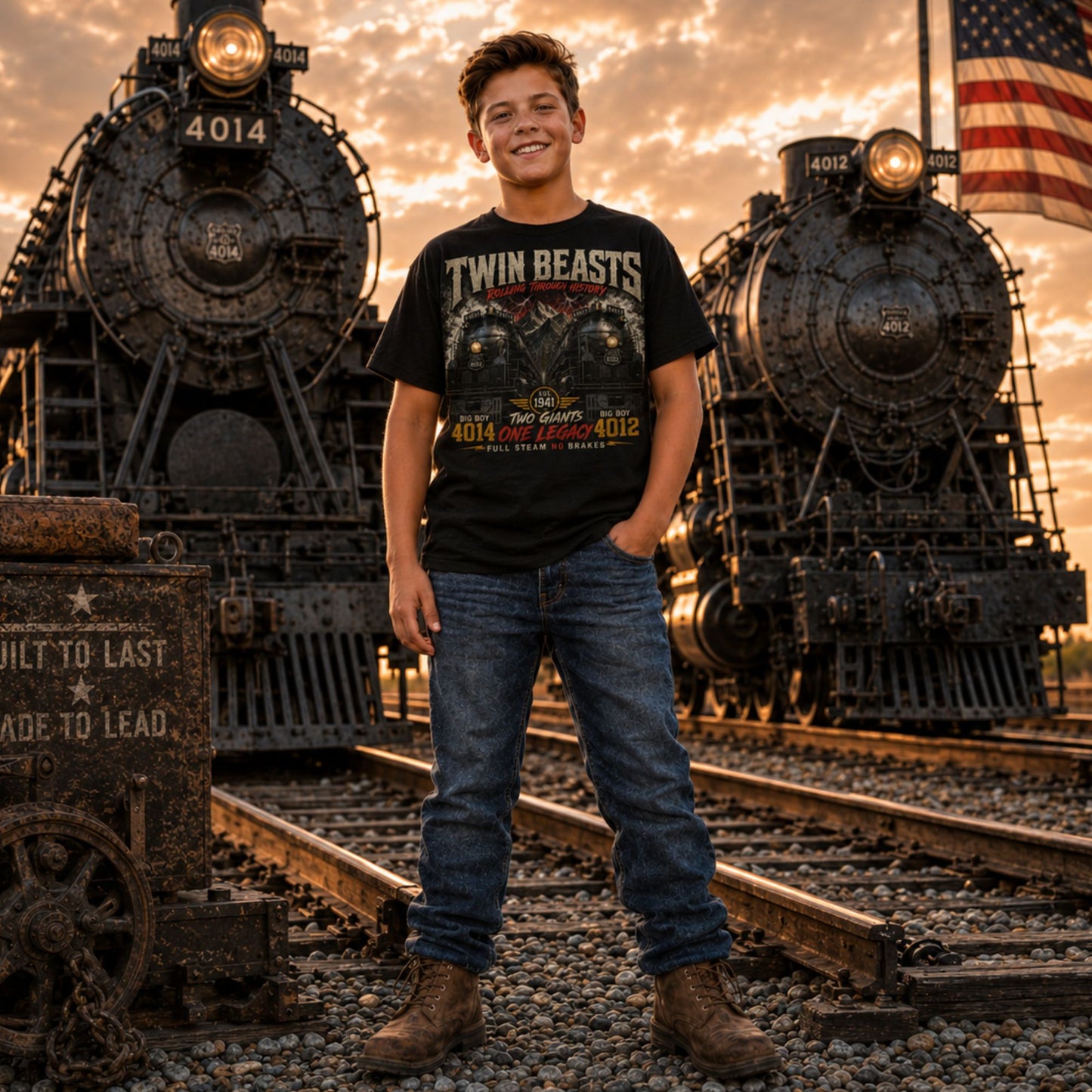 A boy wearing a black t-shirt featuring a symmetrical graphic of two steam locomotives, Big Boy 4014 on the left and Big Boy 4012 on the right, side-by-side in front of a mountain range with red lightning strikes. Text reads "TWIN BEASTS", "ROLLING THROUGH HISTORY", "EST. 1941", "TWO GIANTS ONE LEGACY", and "FULL STEAM NO BRAKES". standing in front of two steam locomotives with an American flag in the background.