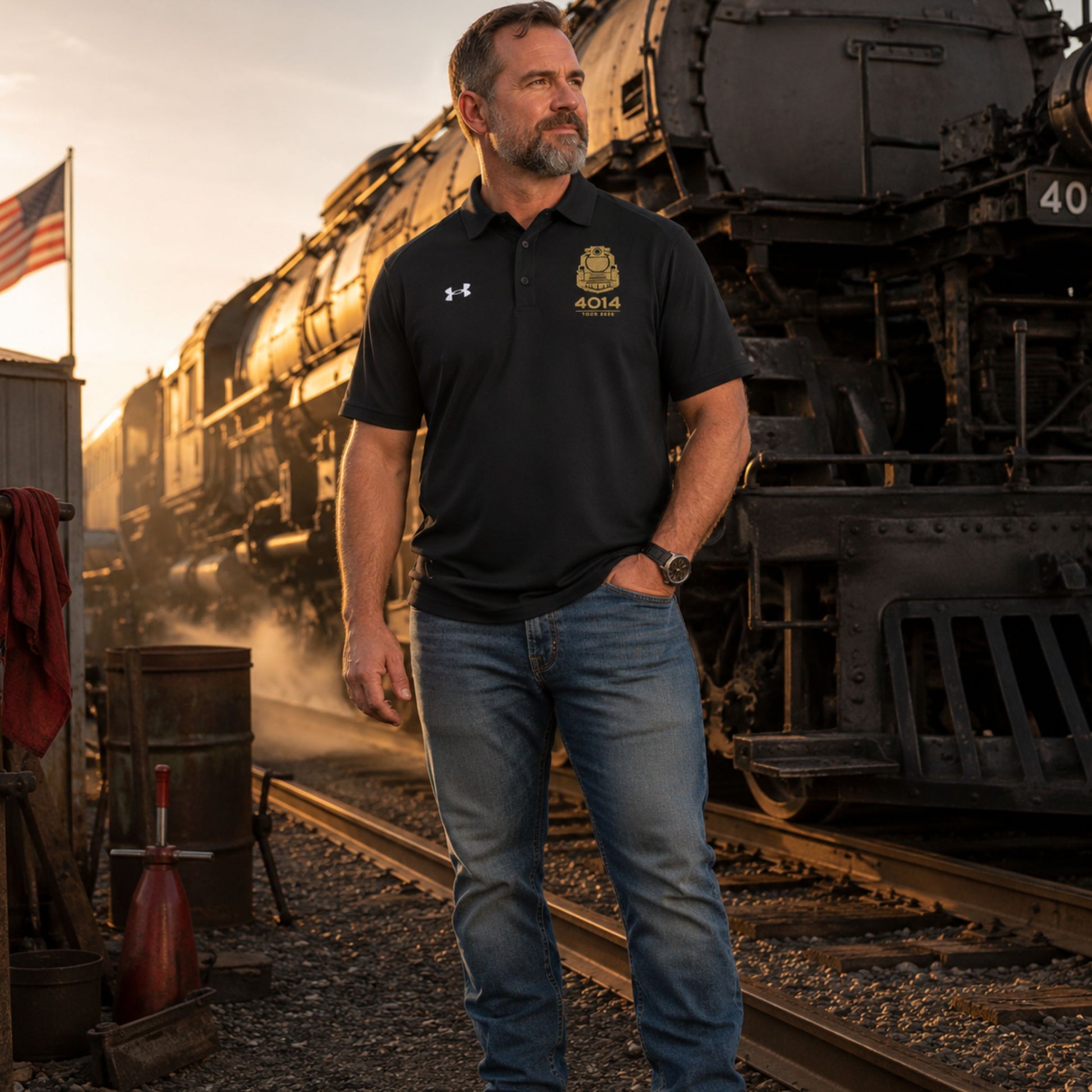 A man wearing a Black Under Armour men's polo shirt featuring a gold graphic of a front-facing steam locomotive above the text "4014 TOUR 2026" on the left chest. A white Under Armour logo is displayed on the right chest. The shirt has a classic collar and a three-button placket and blue jeans stands on train tracks in front of a vintage steam locomotive at sunset.