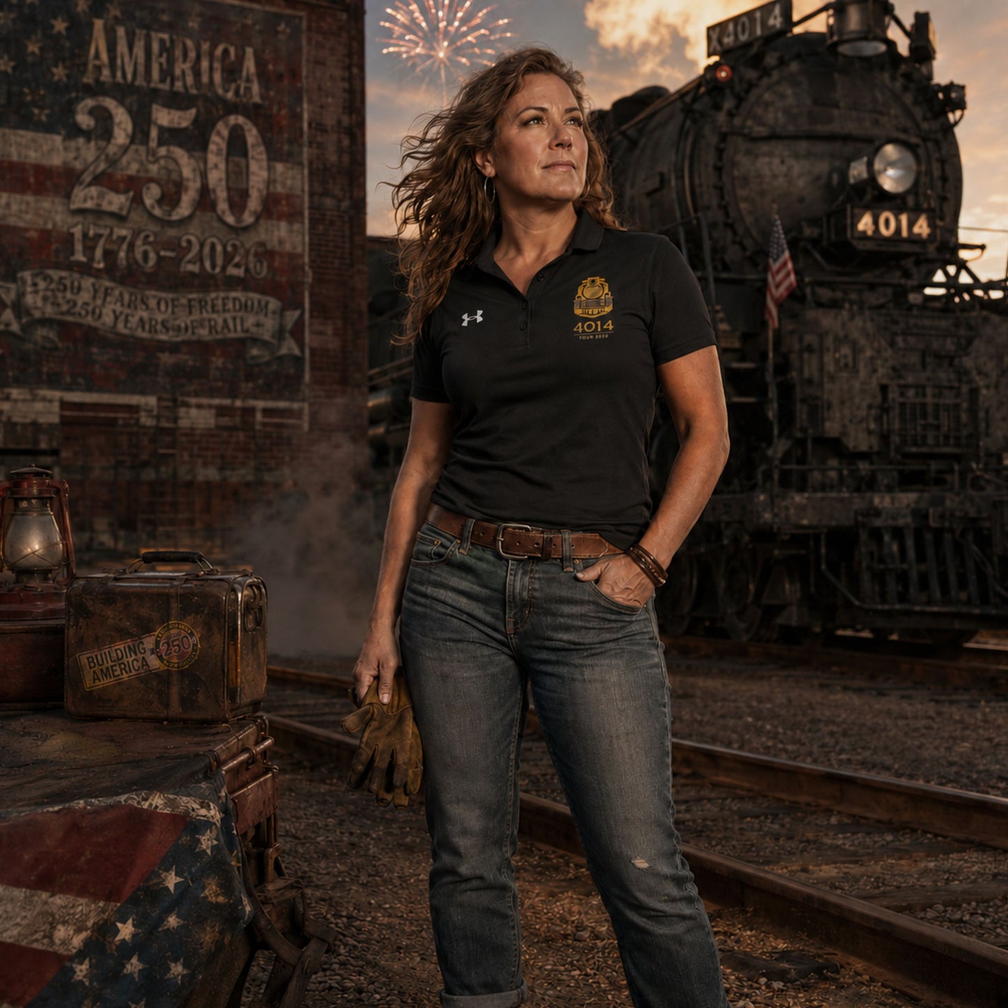 A woman stands on railroad tracks wearing a Black Under Armour women's polo shirt featuring a gold graphic of a front-facing steam locomotive above the text "4014 TOUR 2026" on the left chest. A white Under Armour logo is displayed on the right chest. The shirt has a classic collar and a multi-button placket tailored for a women's fit and blue jeans, posed in front of a vintage steam locomotive and a brick wall at sunset.