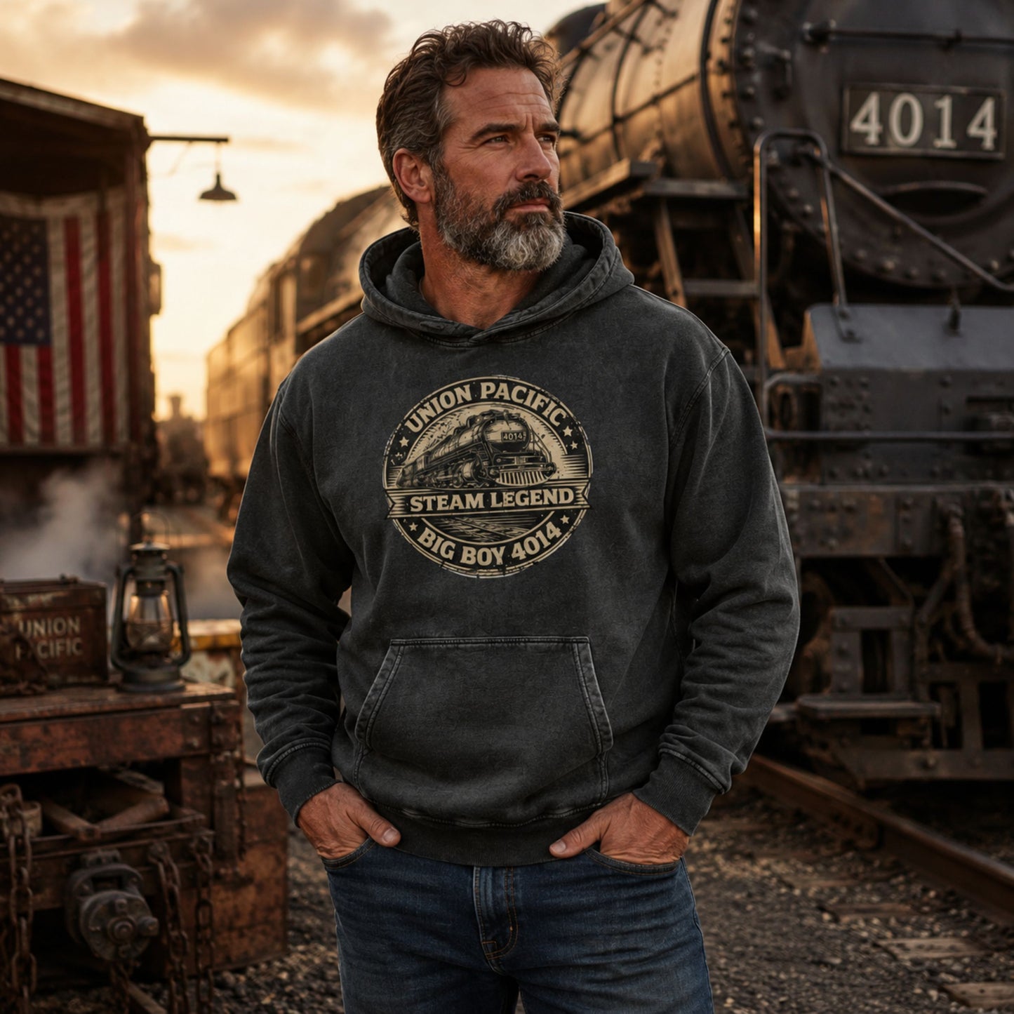 A man wearing a dark gray washed hoodie with a vintage Union Pacific Steam Legend graphic stands in front of a steam locomotive at sunset.