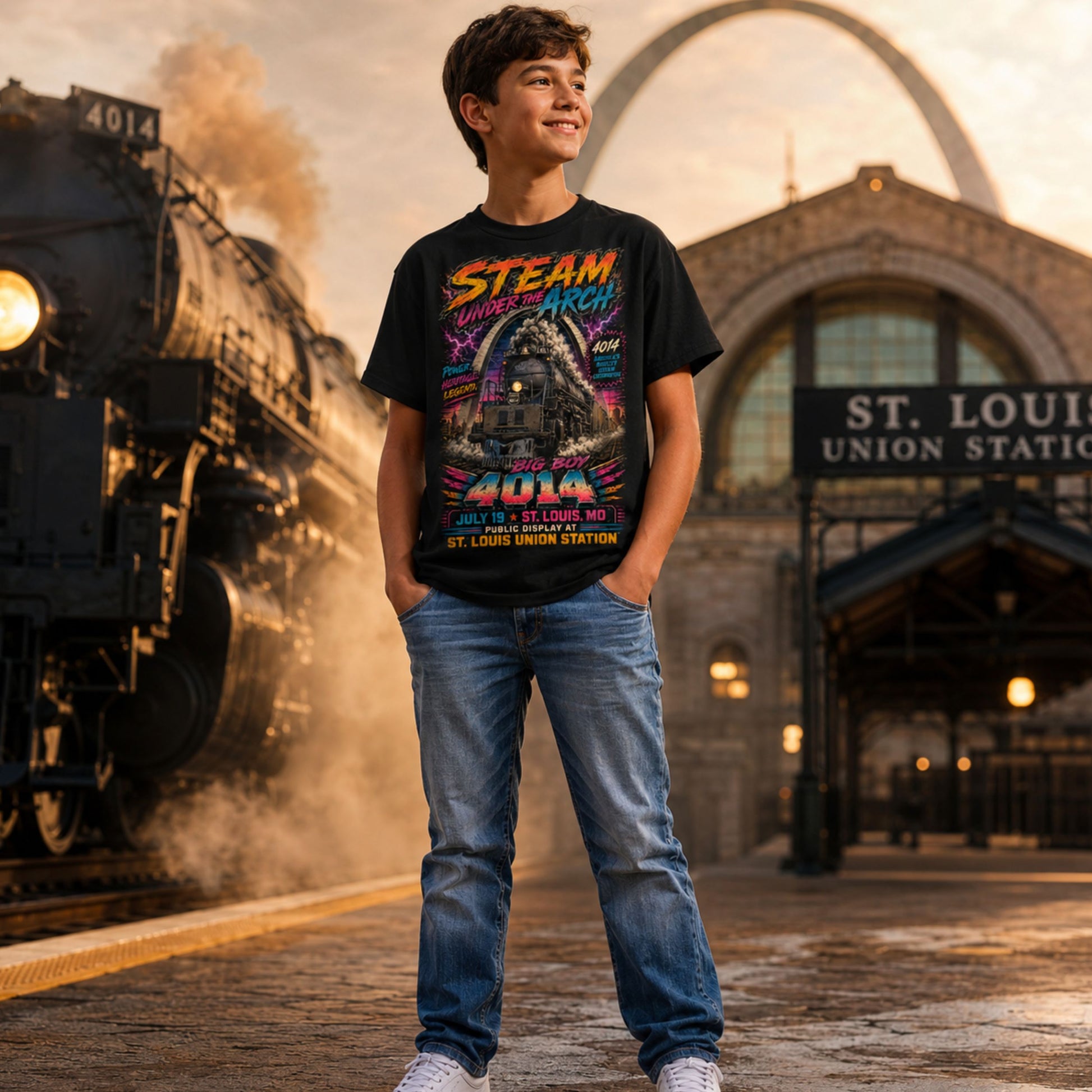 A boy stands on a train station platform wearing a black t-shirt featuring a bright, 1980s retro-neon graphic. The Big Boy 4014 steam locomotive is charging forward under the St. Louis Gateway Arch with electric pink lightning in the background. Bold neon text reads "STEAM UNDER THE ARCH", "BIG BOY 4014", "JULY 19 - ST. LOUIS, MO", and "PUBLIC DISPLAY AT ST. LOUIS UNION STATION". Side text badges read "POWER. HERITAGE. LEGEND." and "4014 AMERI, blue jeans, and white sneakers. 