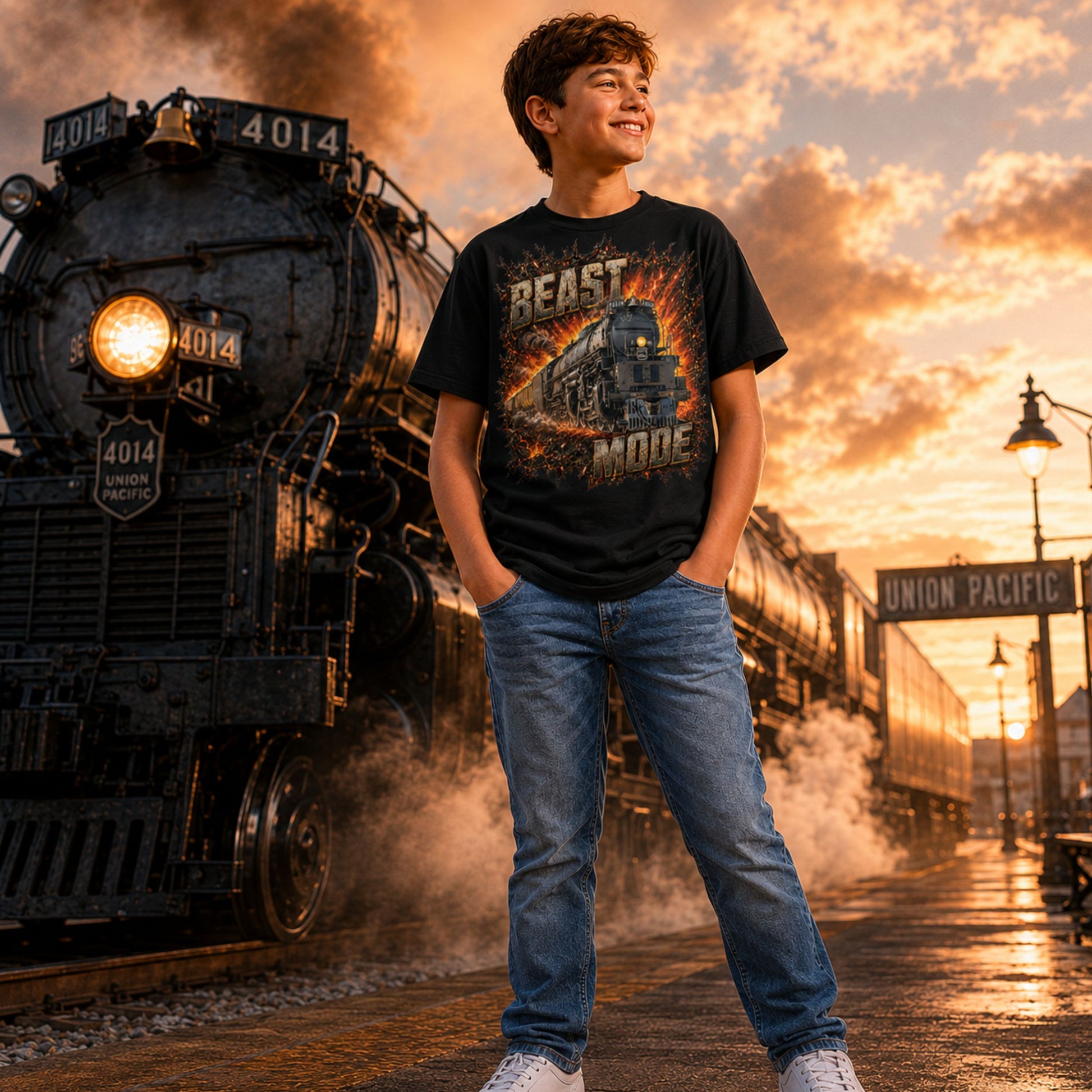 A young man wearing a black graphic t-shirt with a steam train design and the words 'BEAST MODE', standing in front of a vintage steam locomotive at a train station during sunset.