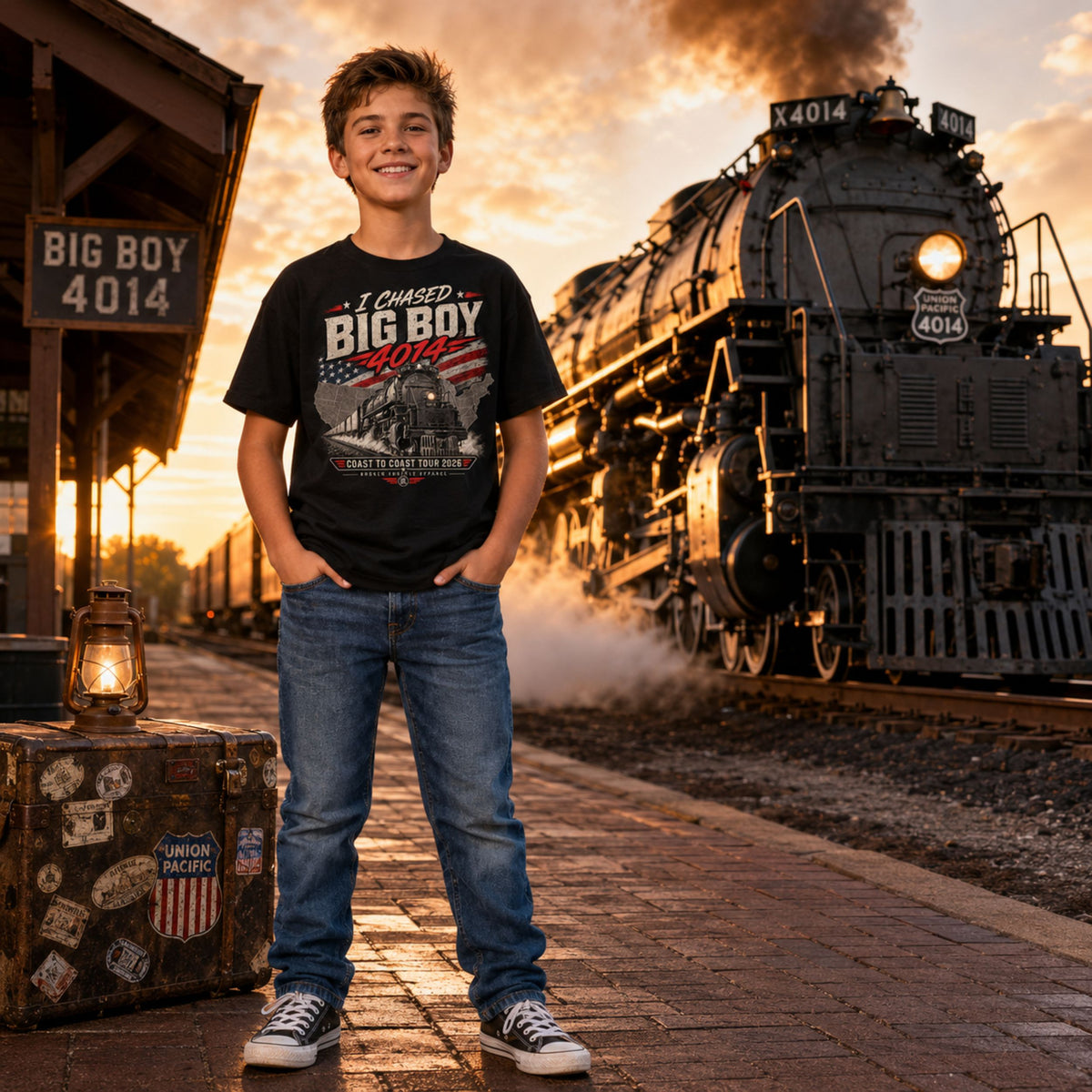 A young man stands on a train platform at sunset wearing a black graphic t-shirt that reads 'I CHASED BIG BOY 4014'. A vintage steam locomotive and a train station platform are visible in the background.