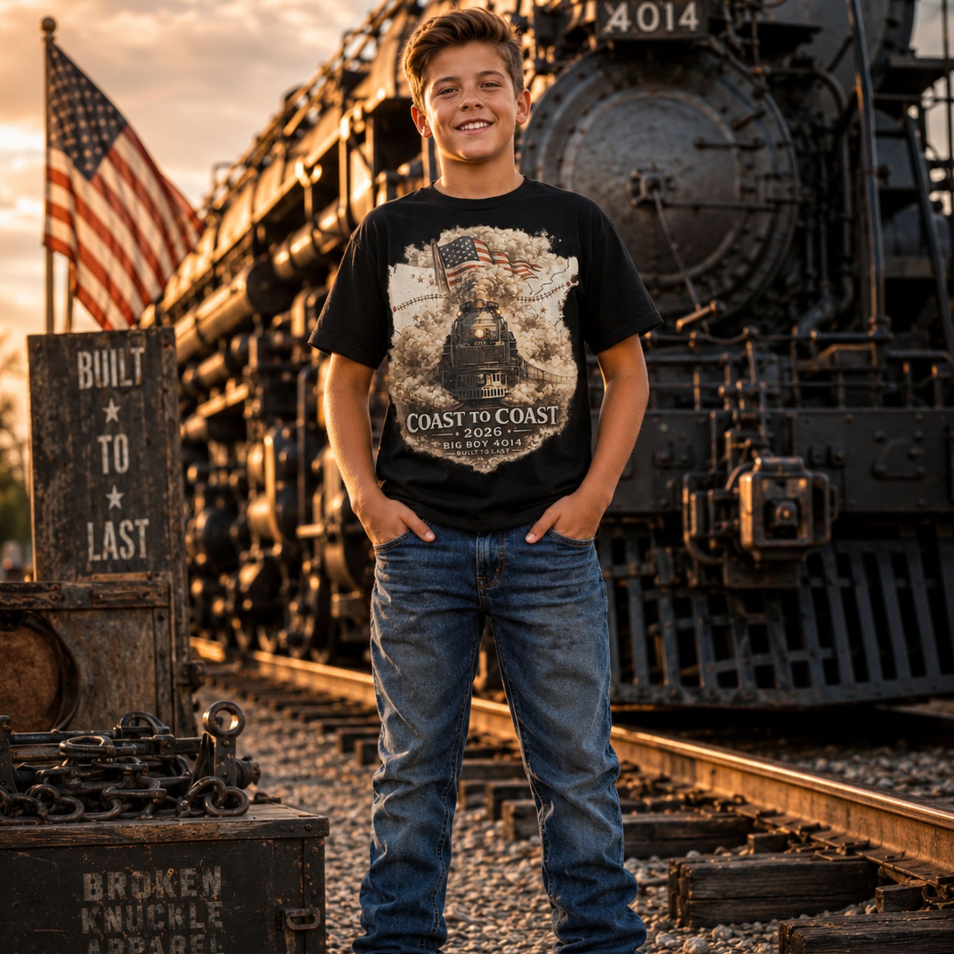 Young boy standing on train tracks with a large steam locomotive in the background. Wearing a black t-shirt featuring the Big Boy 4014 steam locomotive, a waving American flag, and a US map showing a track route, with text reading "Coast to Coast 2026", "Big Boy 4014", and "Built To Last".