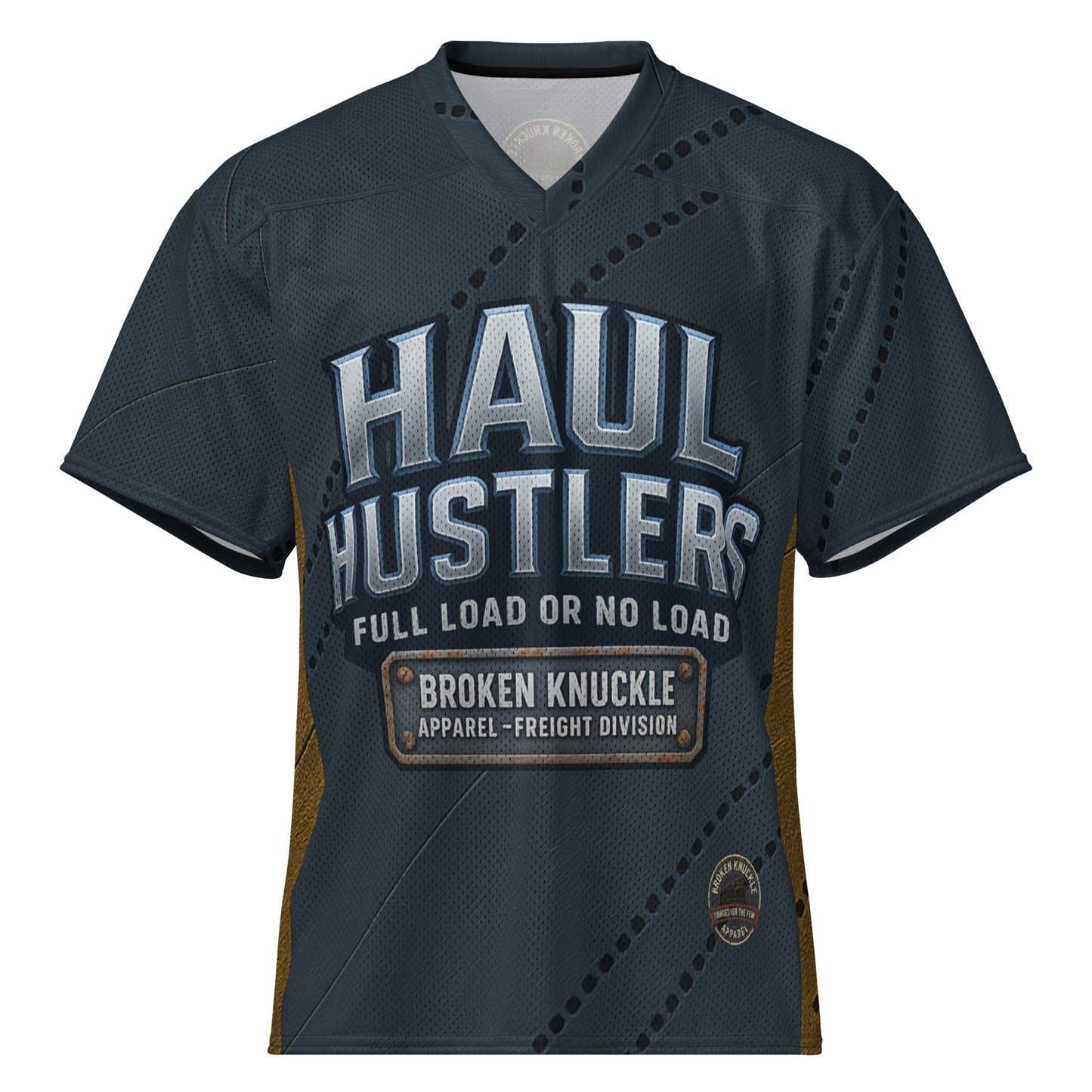 Navy blue sports jersey with 'Haul Hustlers' text on a white background