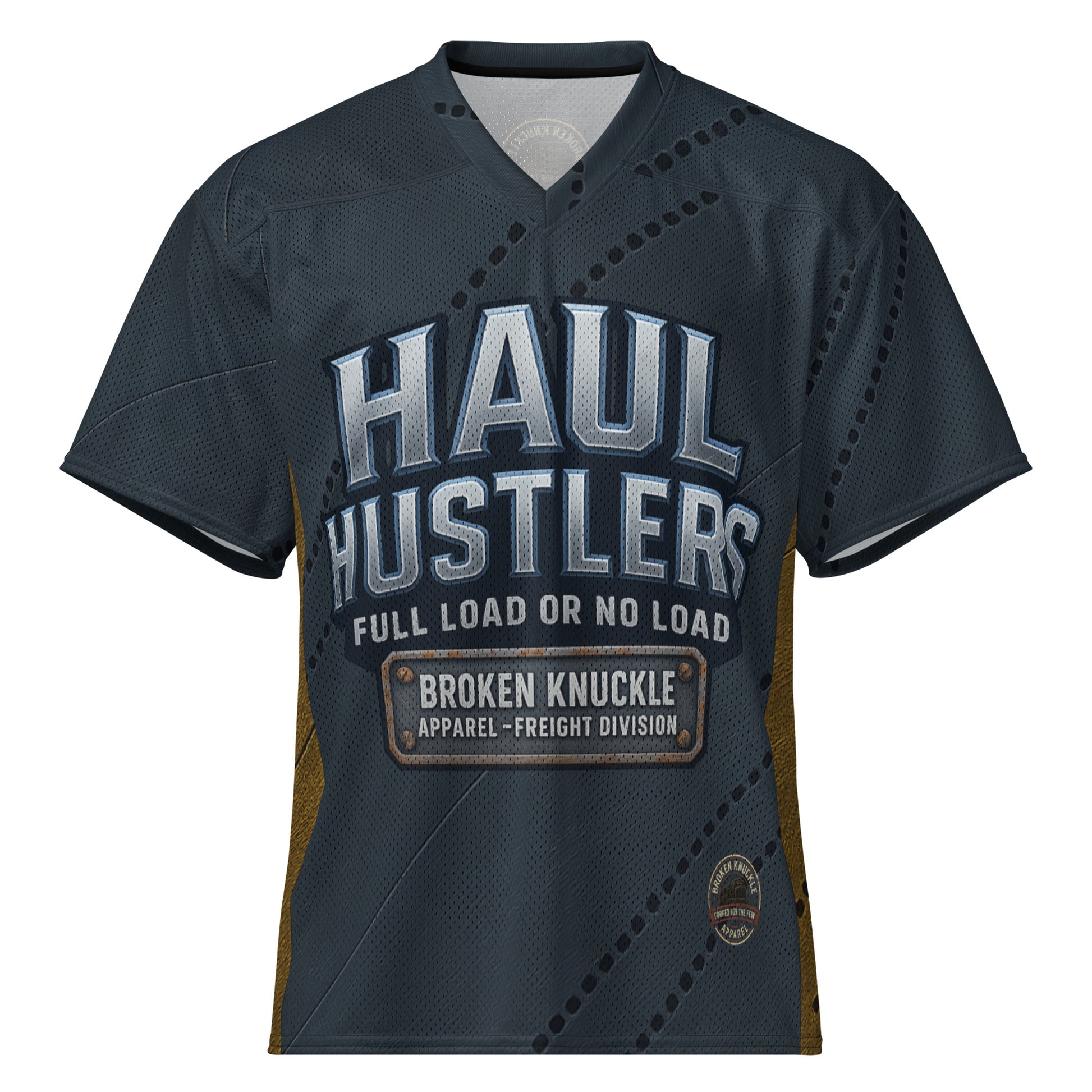 Navy blue sports jersey with 'Haul Hustlers' text on a white background