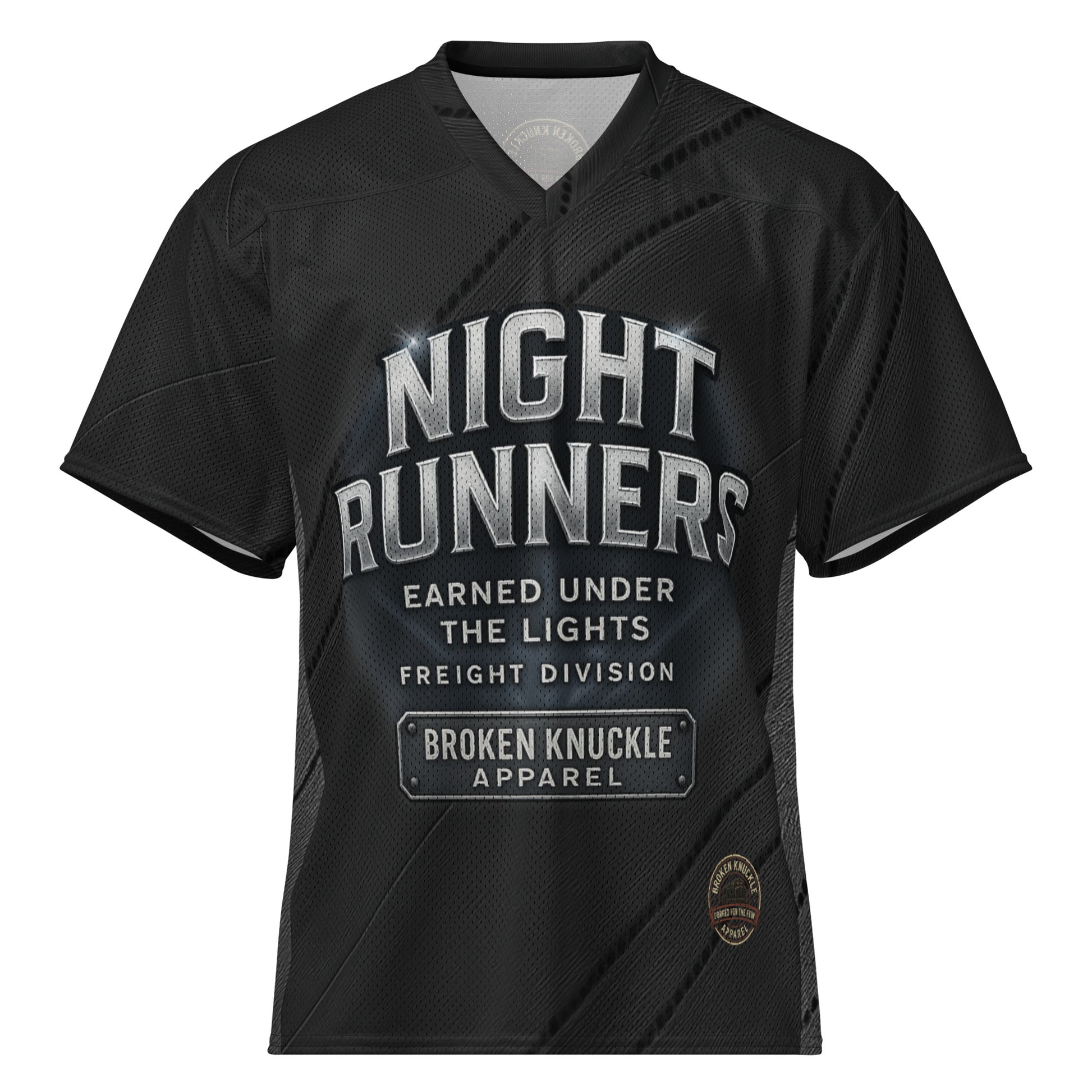 Black sports jersey with 'Night Runners' text and Broken Knuckle Apparel branding on a white background