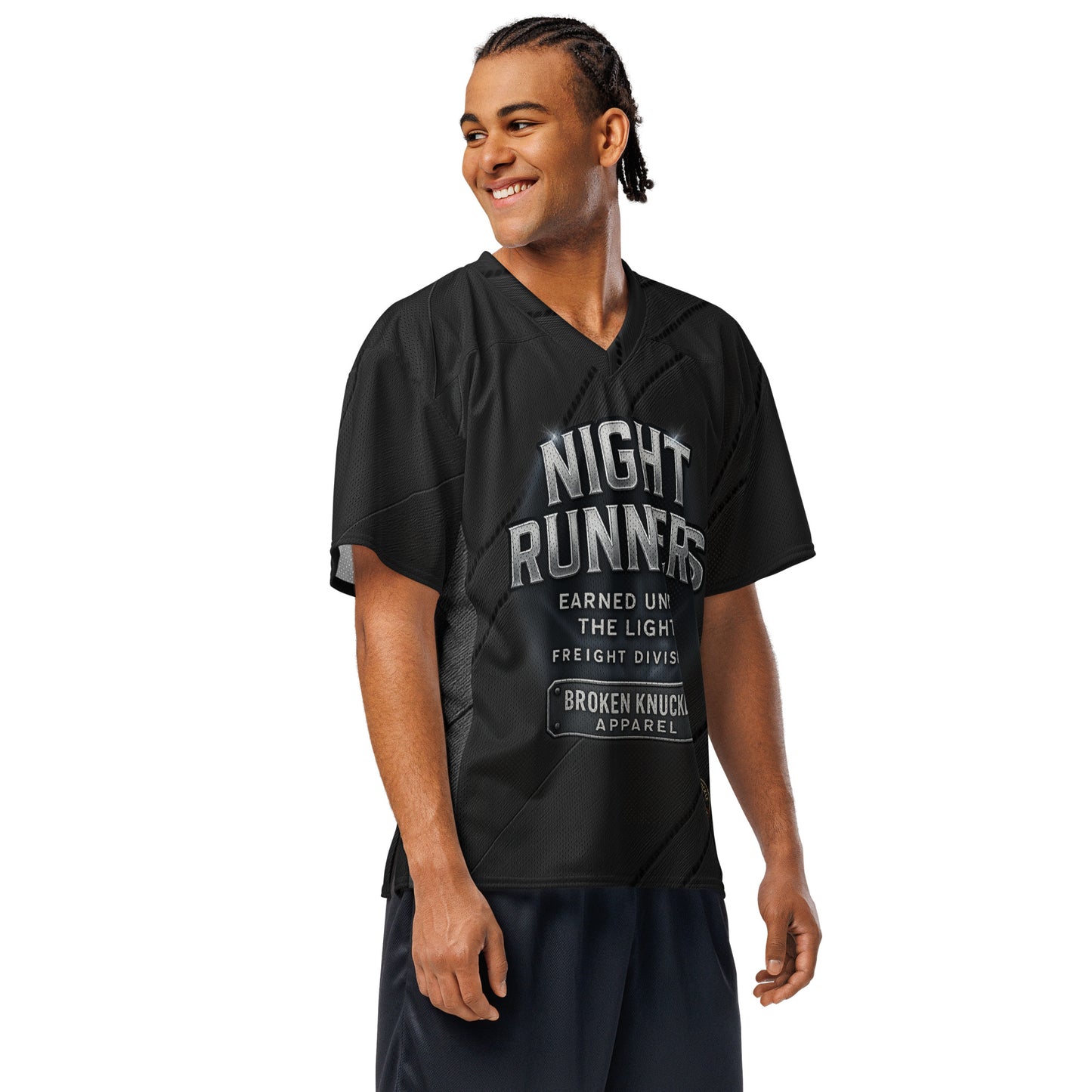 Man wearing a black 'Night Runner' t-shirt on a white background
