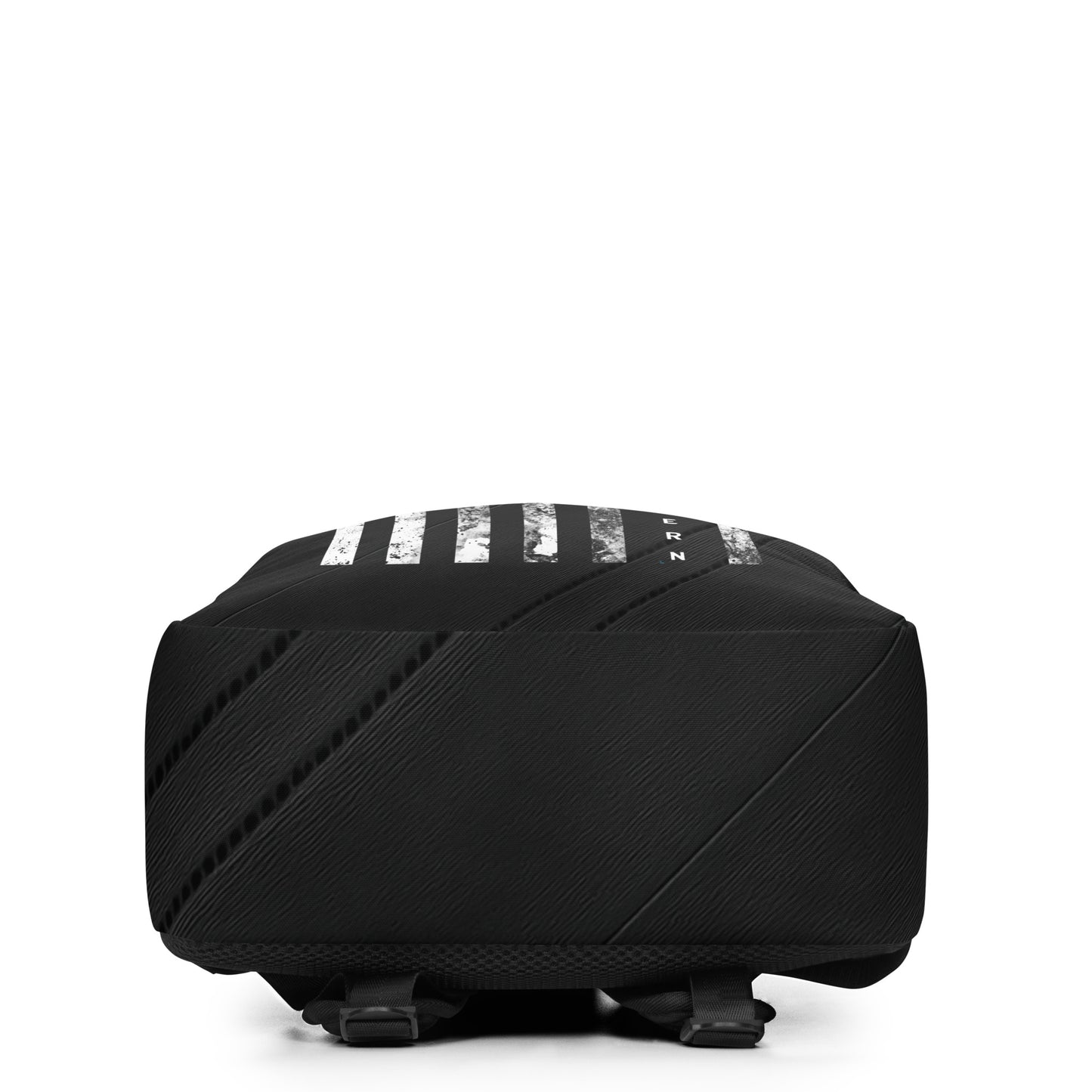 Black backpack with white stripes on a white background