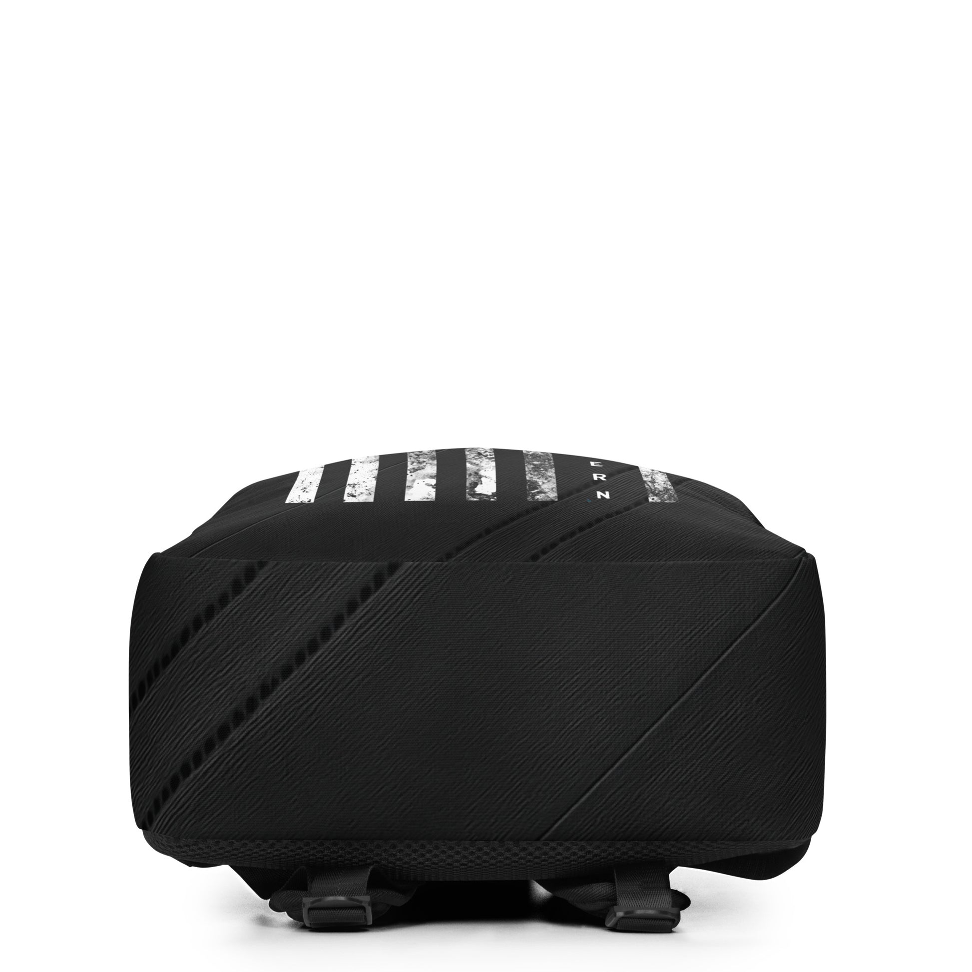 Black backpack with white stripes on a white background