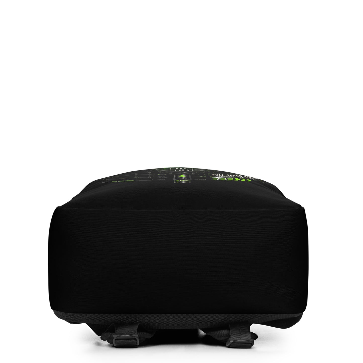 A black minimalist backpack displayed on a plain white background, featuring a bold graphic with the words CLEAR SIGNAL in white and neon green above an electrified green train signal, railroad crossing signs, and technical dials.