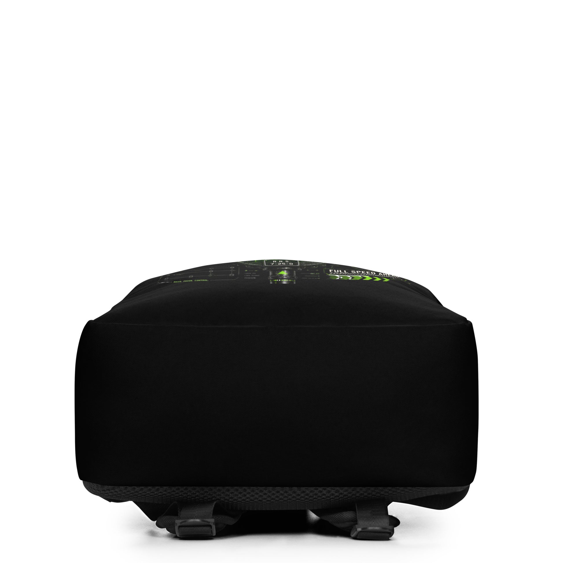 A black minimalist backpack displayed on a plain white background, featuring a bold graphic with the words CLEAR SIGNAL in white and neon green above an electrified green train signal, railroad crossing signs, and technical dials.
