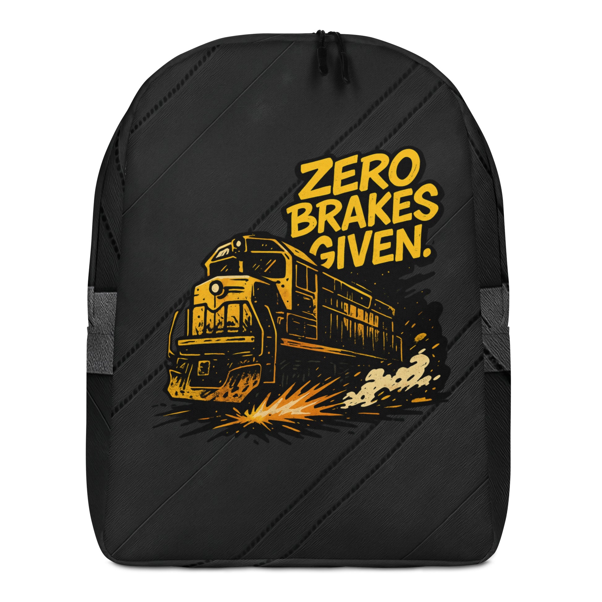 Black backpack with yellow train graphic and 'Zero Brakes Given' text on a white background