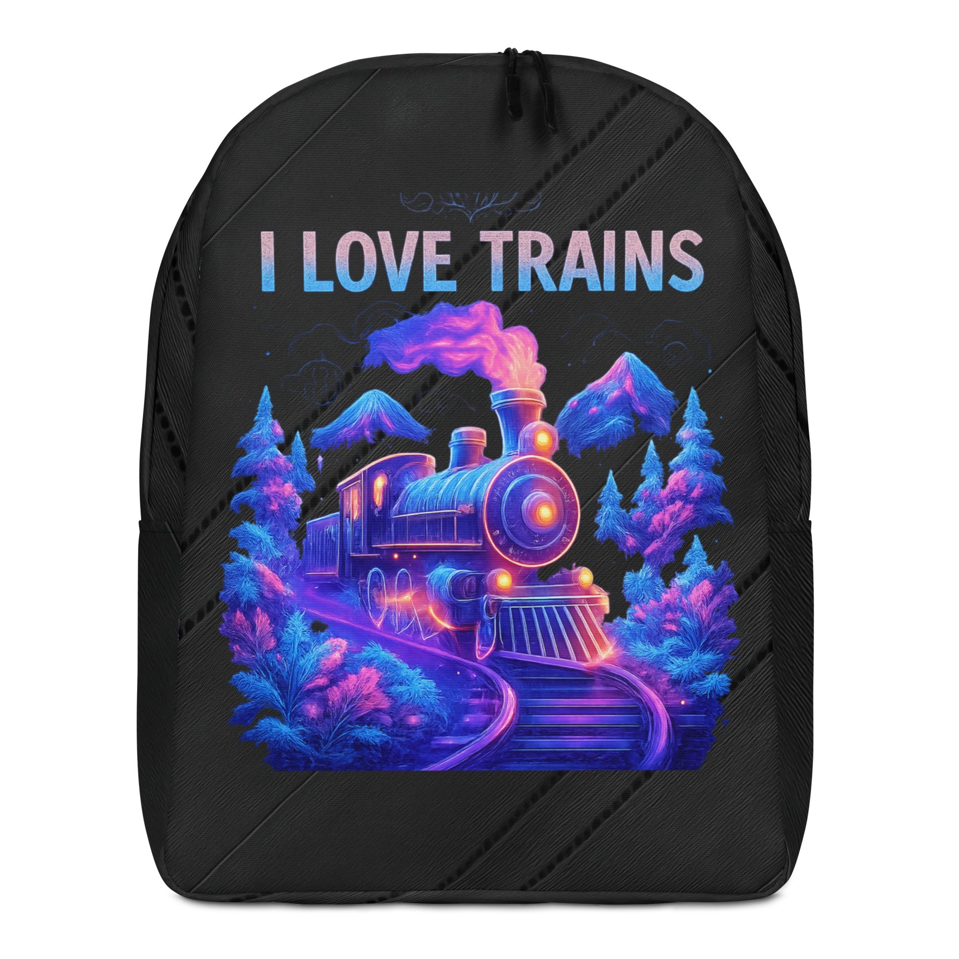 Black backpack with a colorful train design and 'I Love Trains' text on a white background