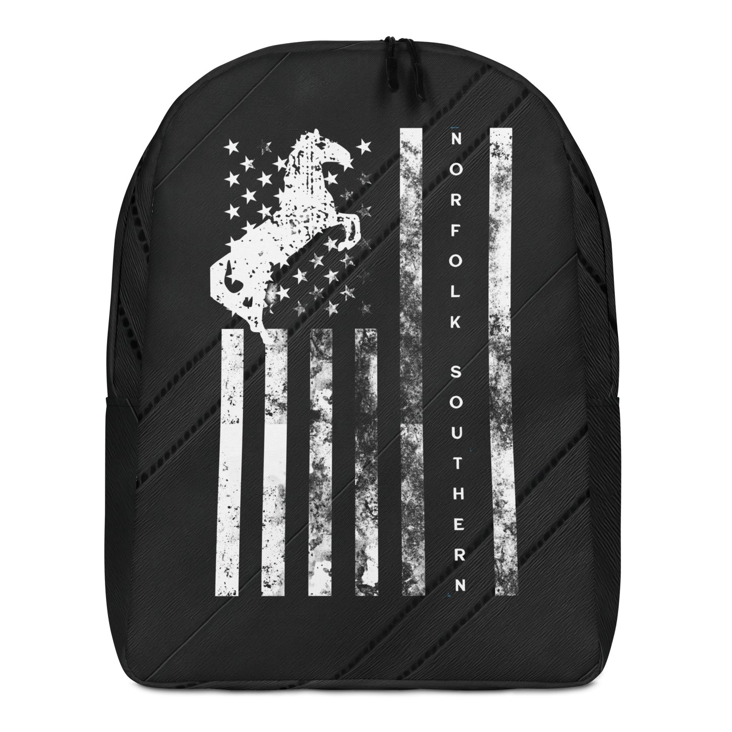 Black backpack with white graphic design on a white background