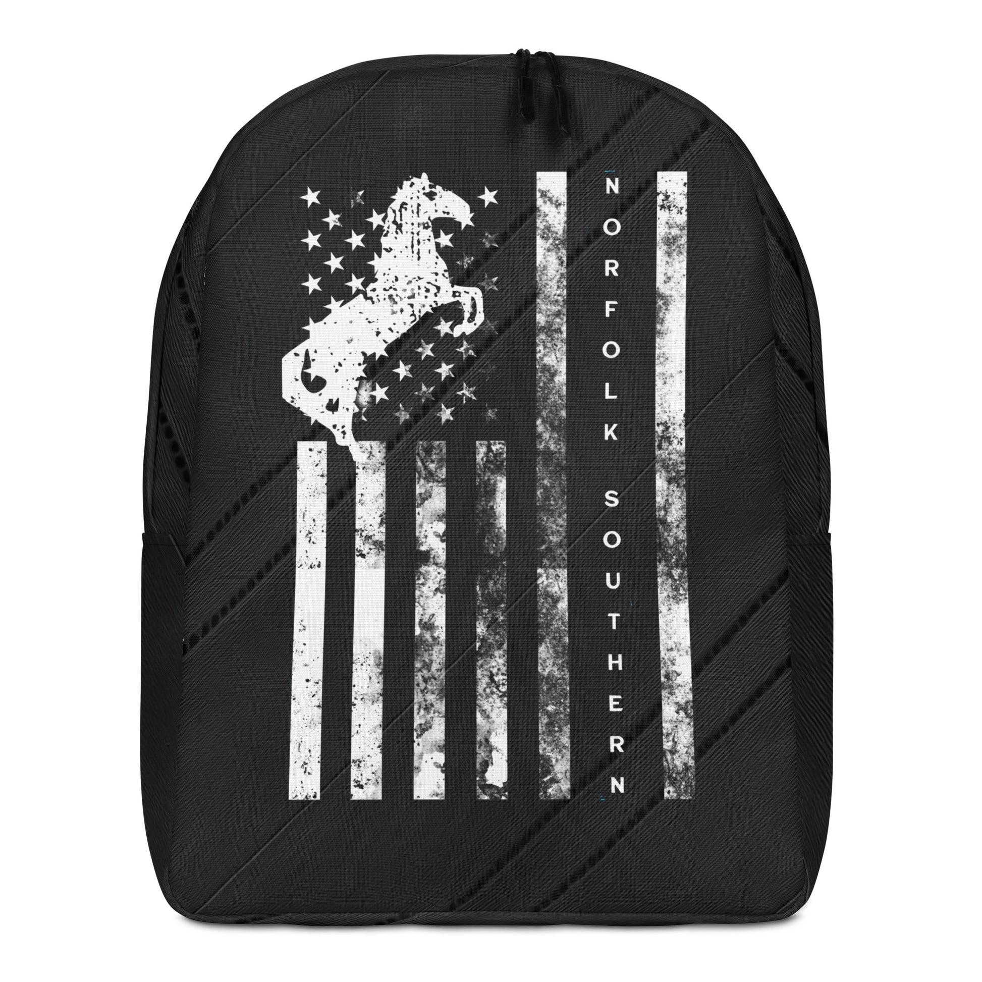 Black backpack with white graphic design on a white background