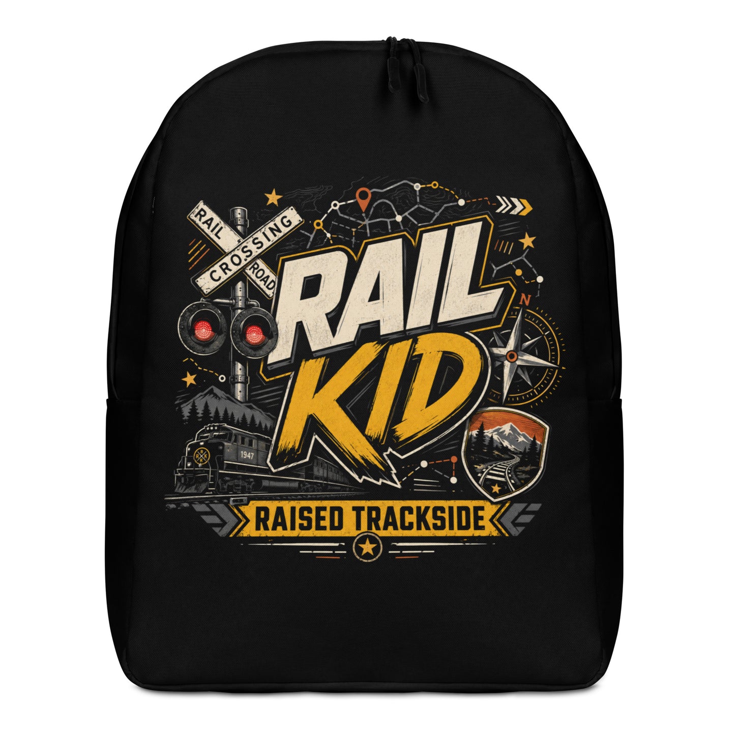 Black minimalist backpack featuring a colorful graphic design. The main text reads "RAIL KID" in large, bold letters, with a yellow banner underneath reading "RAISED TRACKSIDE". The design includes a railroad crossing signal with glowing red lights, a compass, a diesel locomotive train, and a mountain track badge on a dark background.
