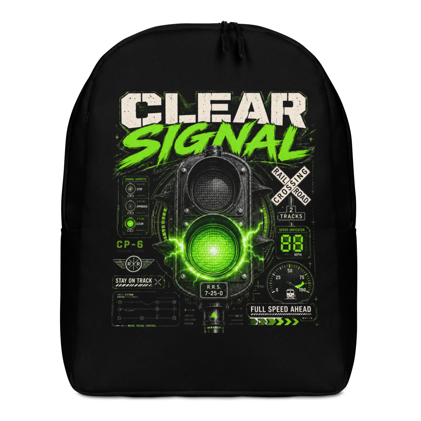 A black minimalist backpack displayed on a plain white background, featuring a bold graphic with the words CLEAR SIGNAL in white and neon green above an electrified green train signal, railroad crossing signs, and technical dials.