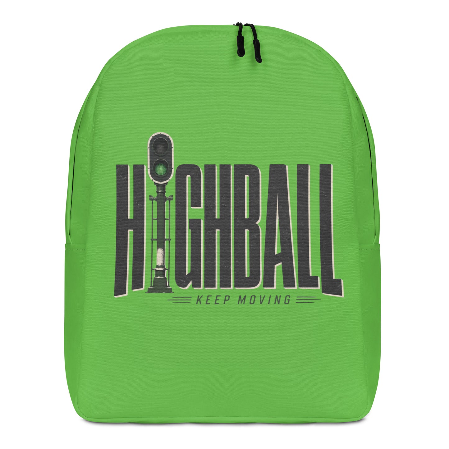 A vibrant green minimalist backpack displayed at a slight angle on a white background, featuring a bold graphic with the word HIGHBALL in tall black letters, where the letter I is a green railroad signal, sitting above the text KEEP MOVING.