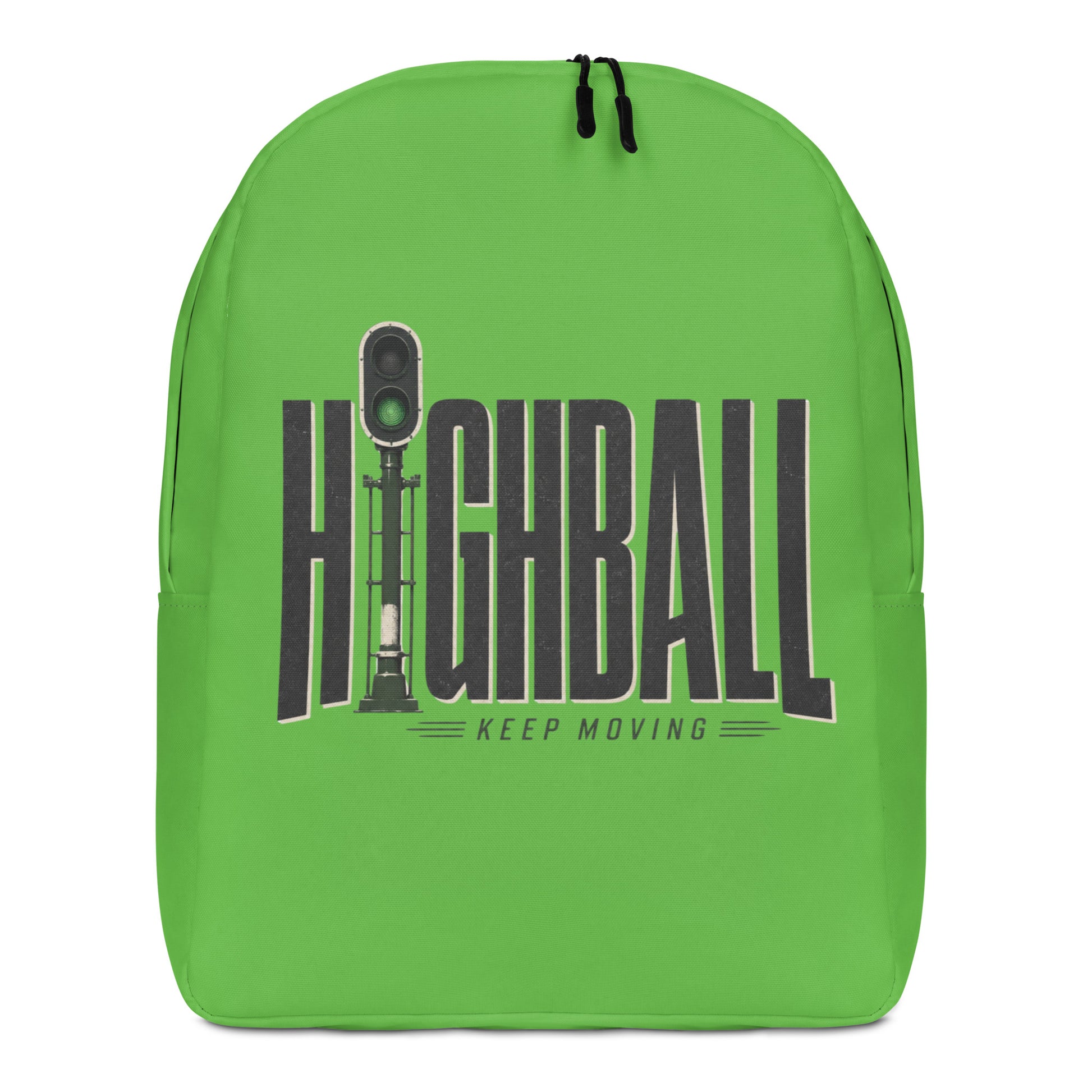 A vibrant green minimalist backpack displayed at a slight angle on a white background, featuring a bold graphic with the word HIGHBALL in tall black letters, where the letter I is a green railroad signal, sitting above the text KEEP MOVING.