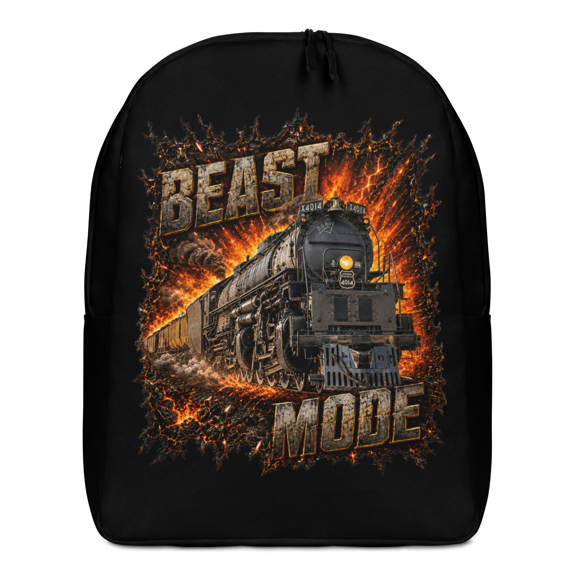 A black minimalist backpack displayed at an angle on a plain white background, featuring an explosive, fiery graphic of a steam locomotive charging forward, framed by the text BEAST at the top and MODE at the bottom in rugged, stone-textured letters.