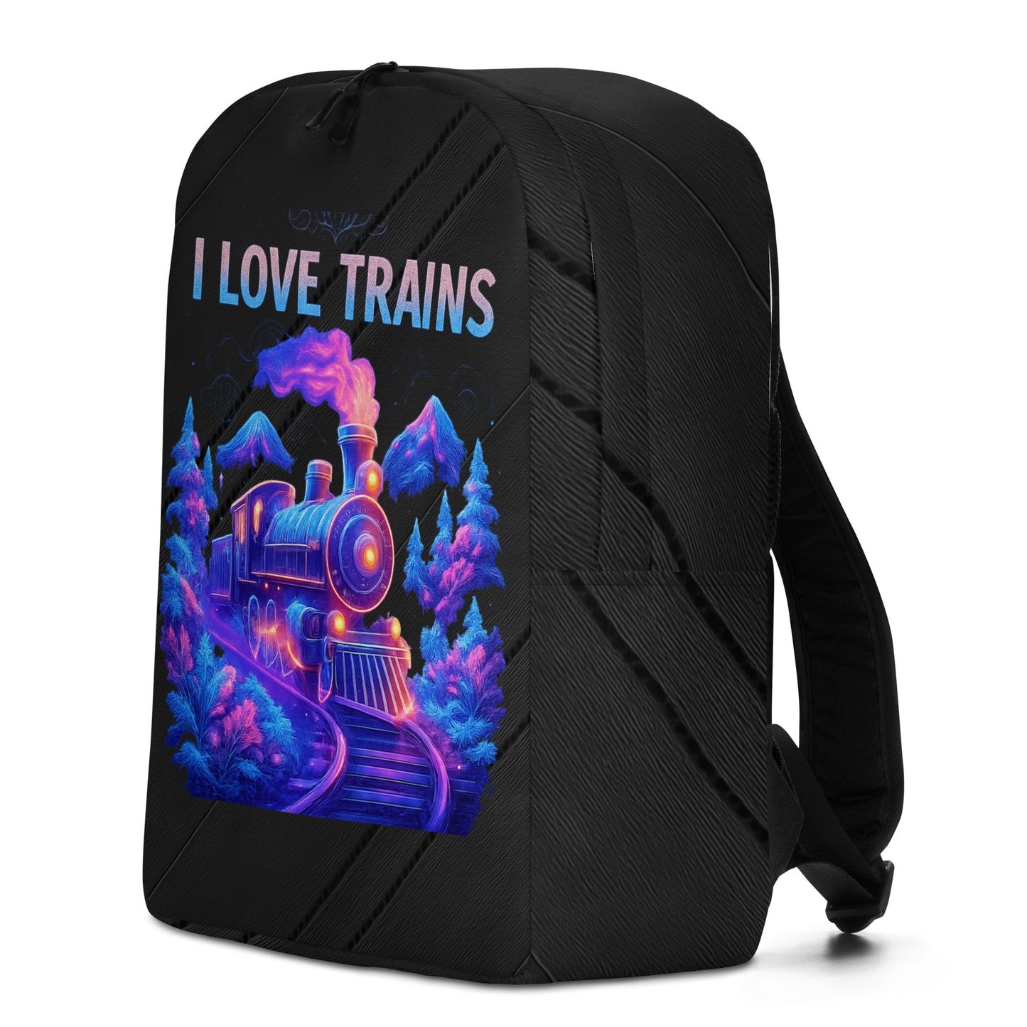 Black backpack with a colorful train design and 'I Love Trains' text on a white background