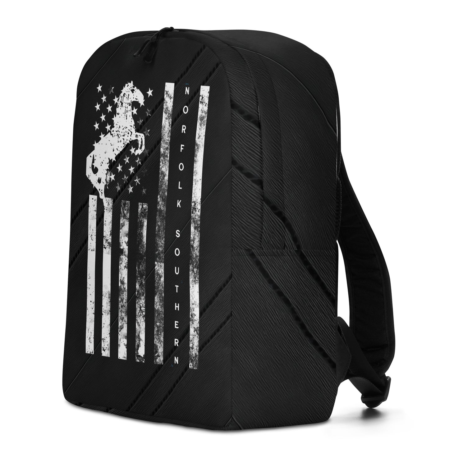 Black backpack with a white graphic design on a white background