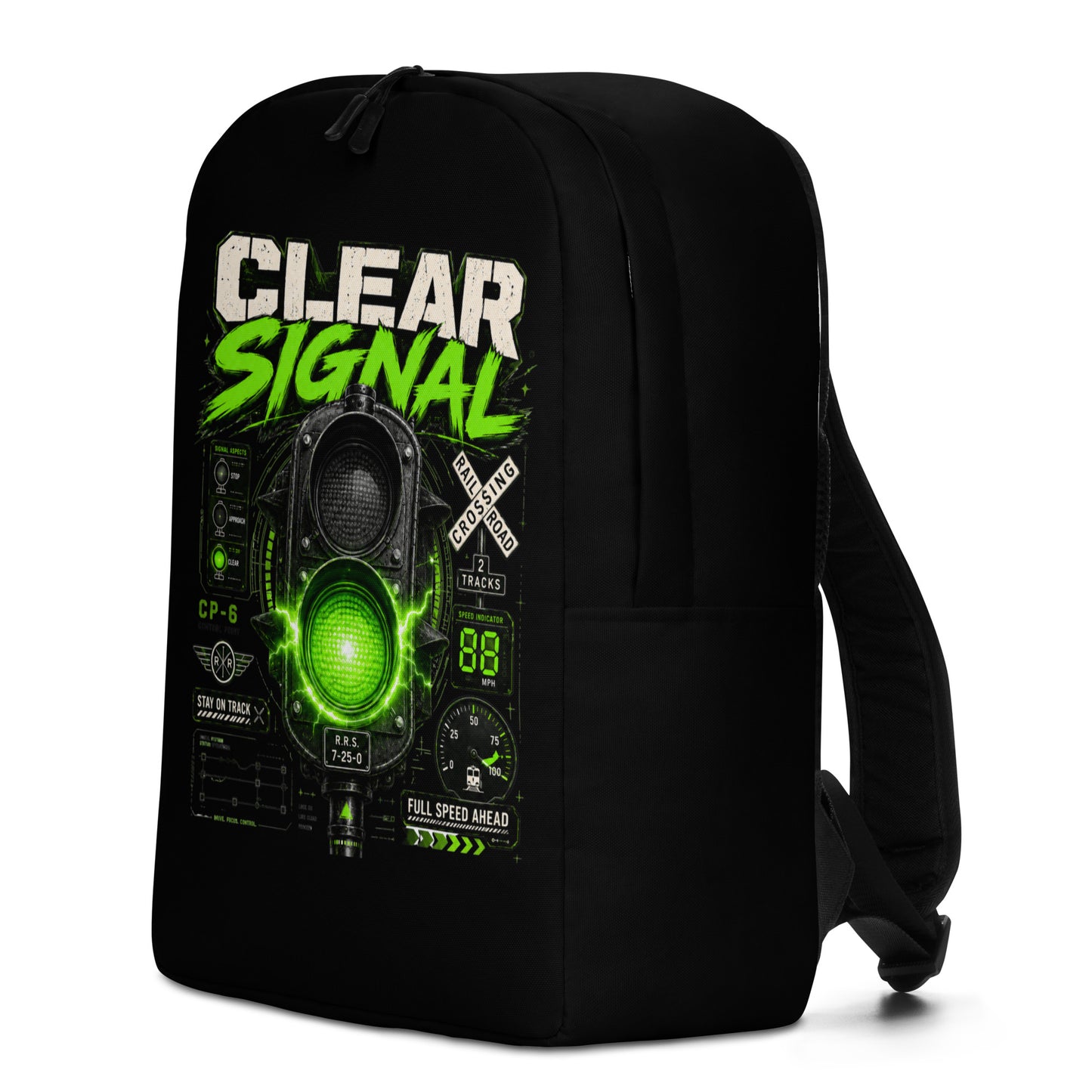 A black minimalist backpack displayed on a plain white background, featuring a bold graphic with the words CLEAR SIGNAL in white and neon green above an electrified green train signal, railroad crossing signs, and technical dials.