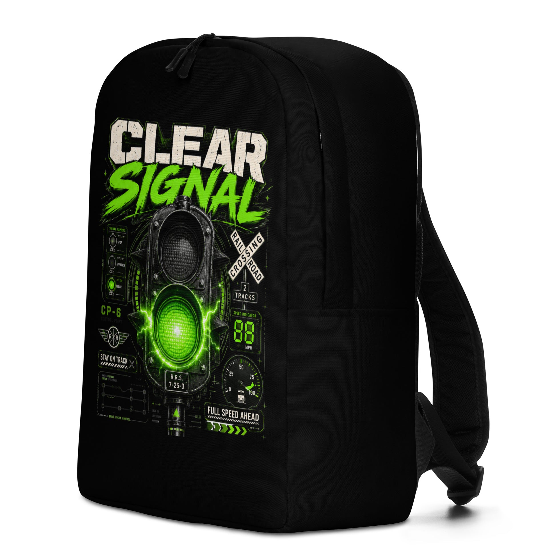 A black minimalist backpack displayed on a plain white background, featuring a bold graphic with the words CLEAR SIGNAL in white and neon green above an electrified green train signal, railroad crossing signs, and technical dials.