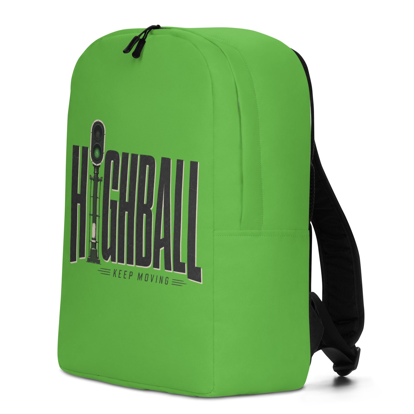 A vibrant green minimalist backpack displayed at a slight angle on a white background, featuring a bold graphic with the word HIGHBALL in tall black letters, where the letter I is a green railroad signal, sitting above the text KEEP MOVING.