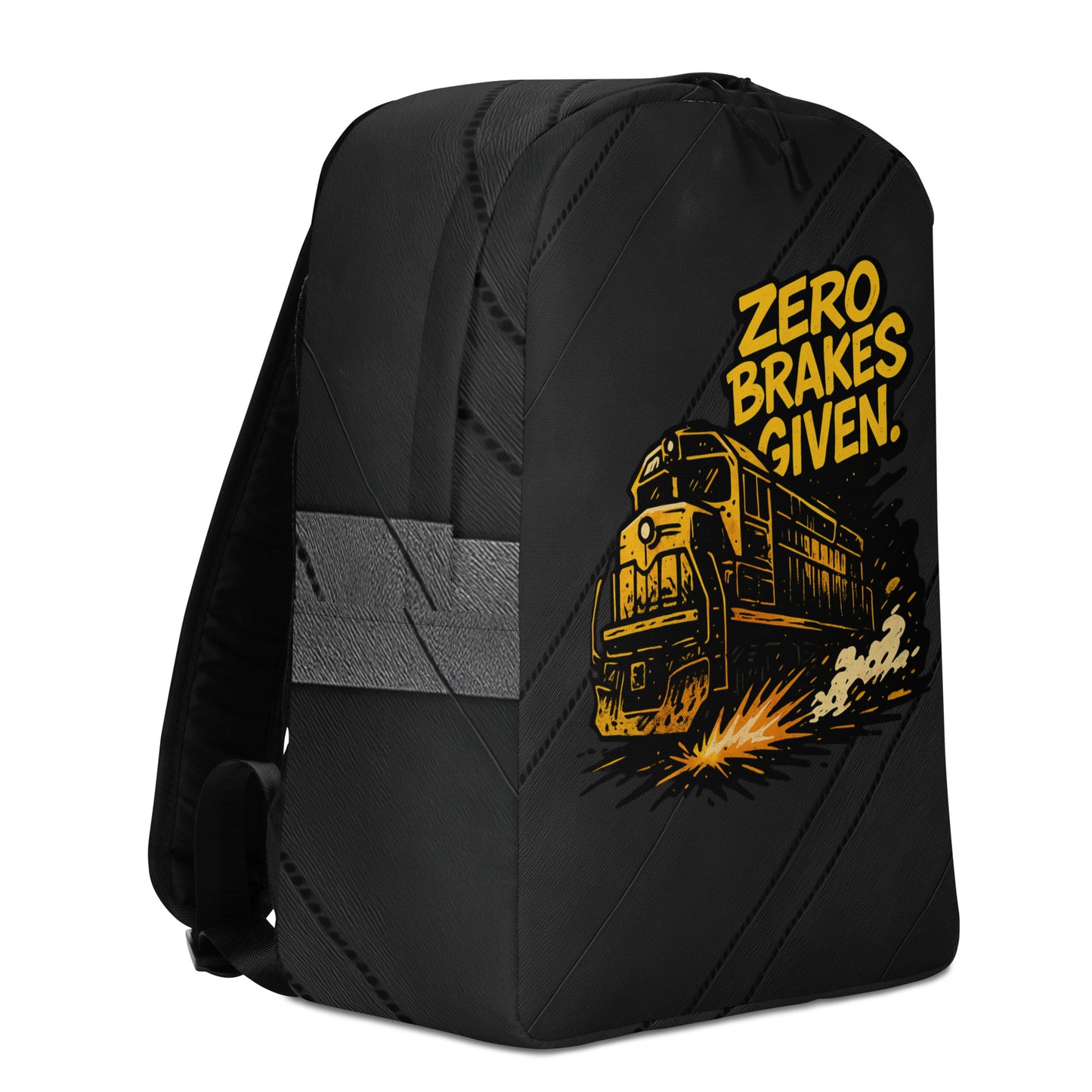 Black backpack with a yellow train graphic and 'Zero Brakes Given' text on a white background