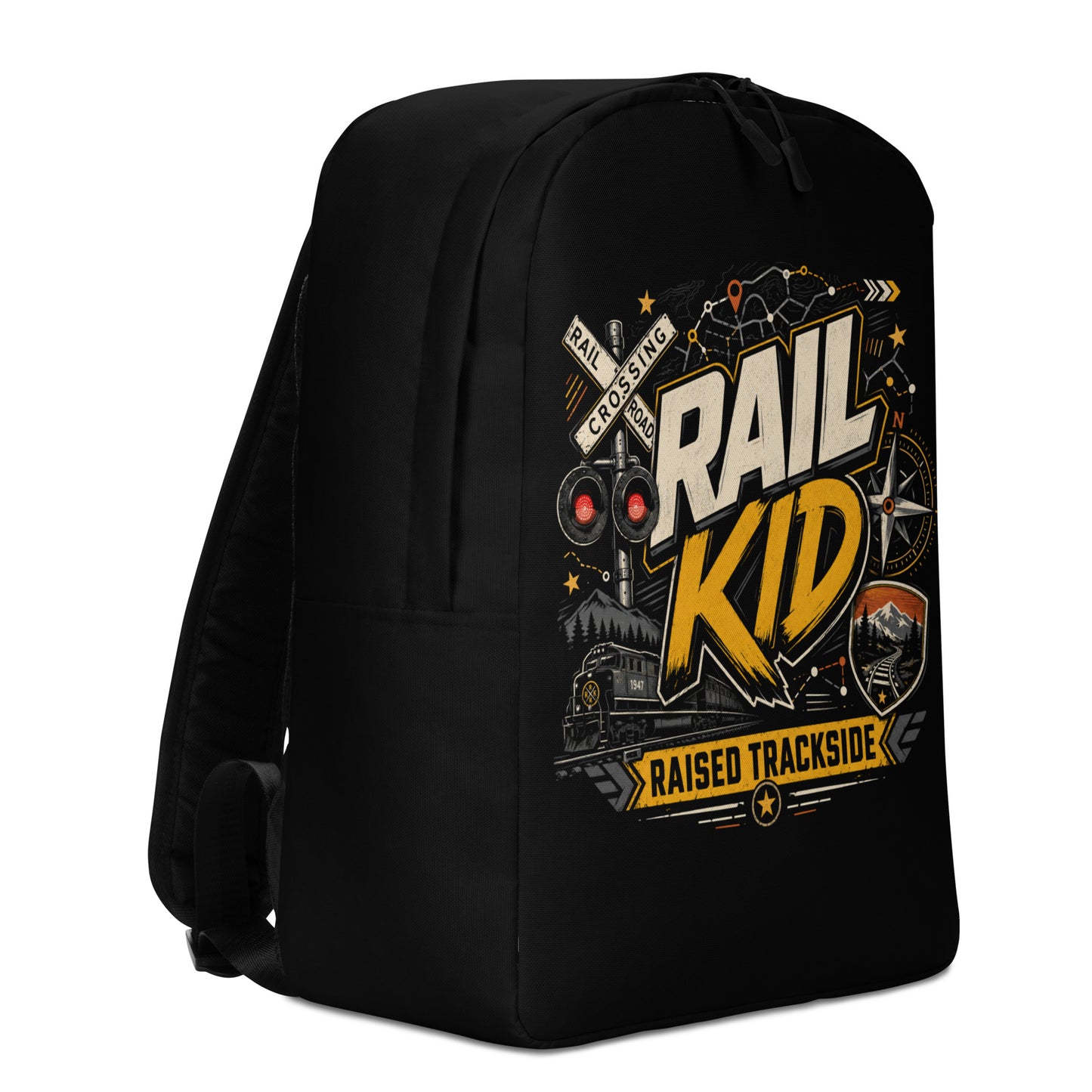 Black minimalist backpack featuring a colorful graphic design. The main text reads "RAIL KID" in large, bold letters, with a yellow banner underneath reading "RAISED TRACKSIDE". The design includes a railroad crossing signal with glowing red lights, a compass, a diesel locomotive train, and a mountain track badge on a dark background.