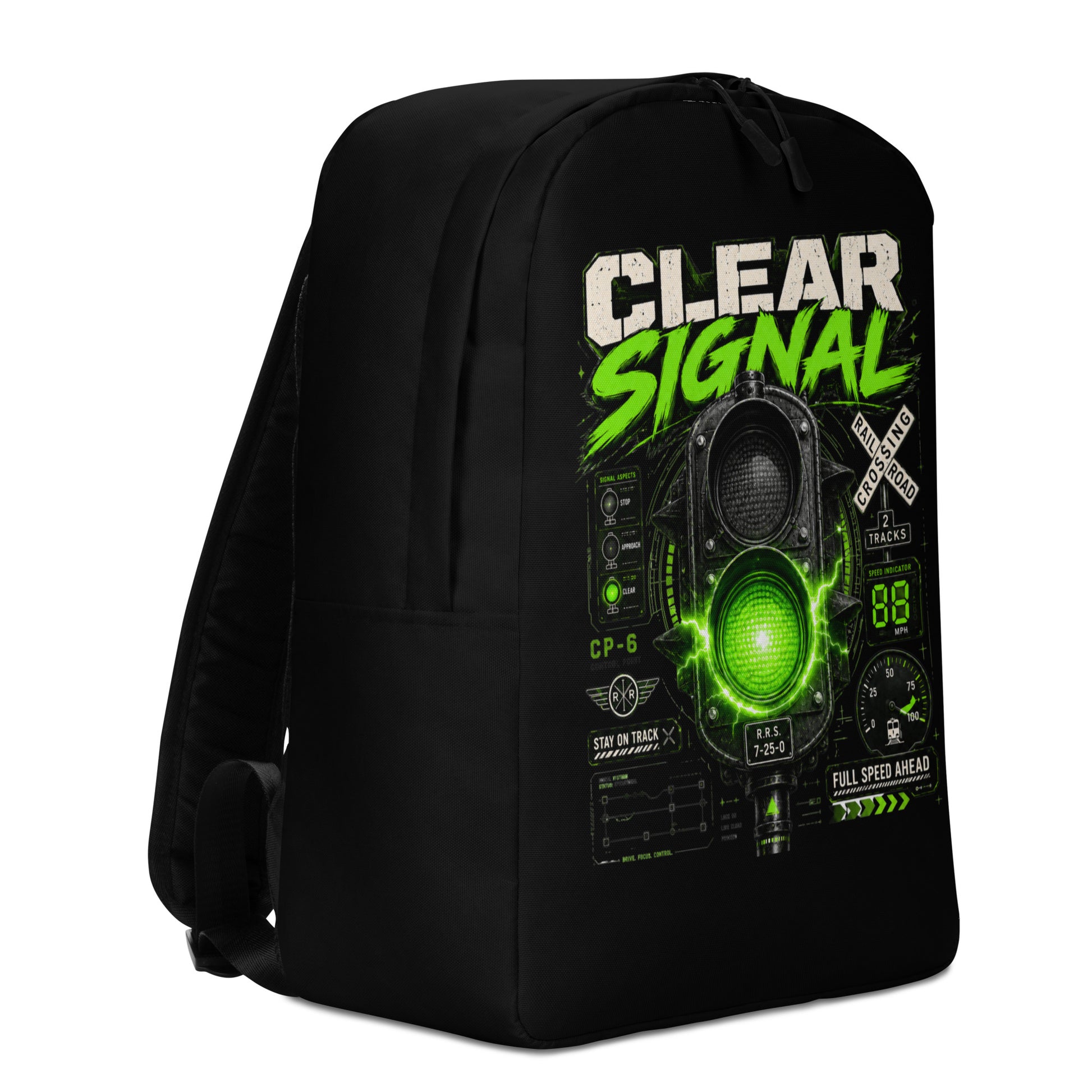 A black minimalist backpack displayed on a plain white background, featuring a bold graphic with the words CLEAR SIGNAL in white and neon green above an electrified green train signal, railroad crossing signs, and technical dials.