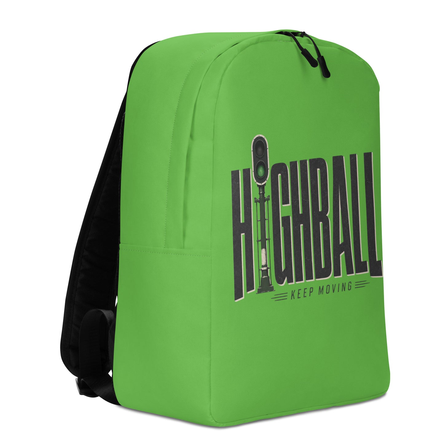 A vibrant green minimalist backpack displayed at a slight angle on a white background, featuring a bold graphic with the word HIGHBALL in tall black letters, where the letter I is a green railroad signal, sitting above the text KEEP MOVING.