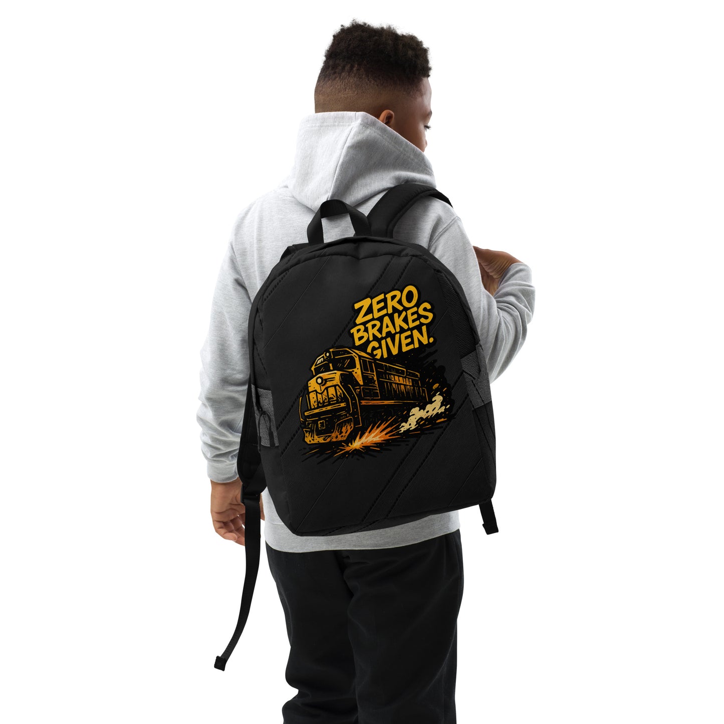 Person wearing a black backpack with 'Zero Brakes Given' design on a white background