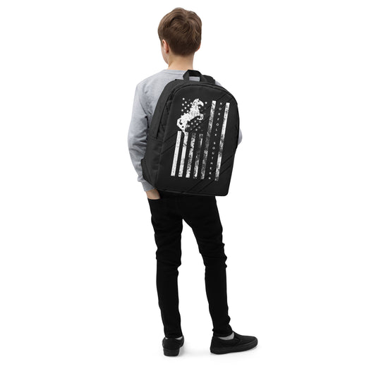 Person wearing a black backpack with a white design on a white background