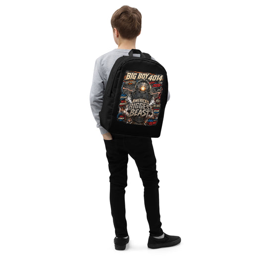 Black minimalist backpack featuring a high-energy, colorful graphic of the Big Boy 4014 steam locomotive backed by a US map, with bold text reading "BIG BOY 4014", "COAST TO COAST TOUR 2026", "AMERICA'S BIGGEST BEAST", "FULL STEAM", "NO BRAKES", "MAX POWER", and "FULL SEND".