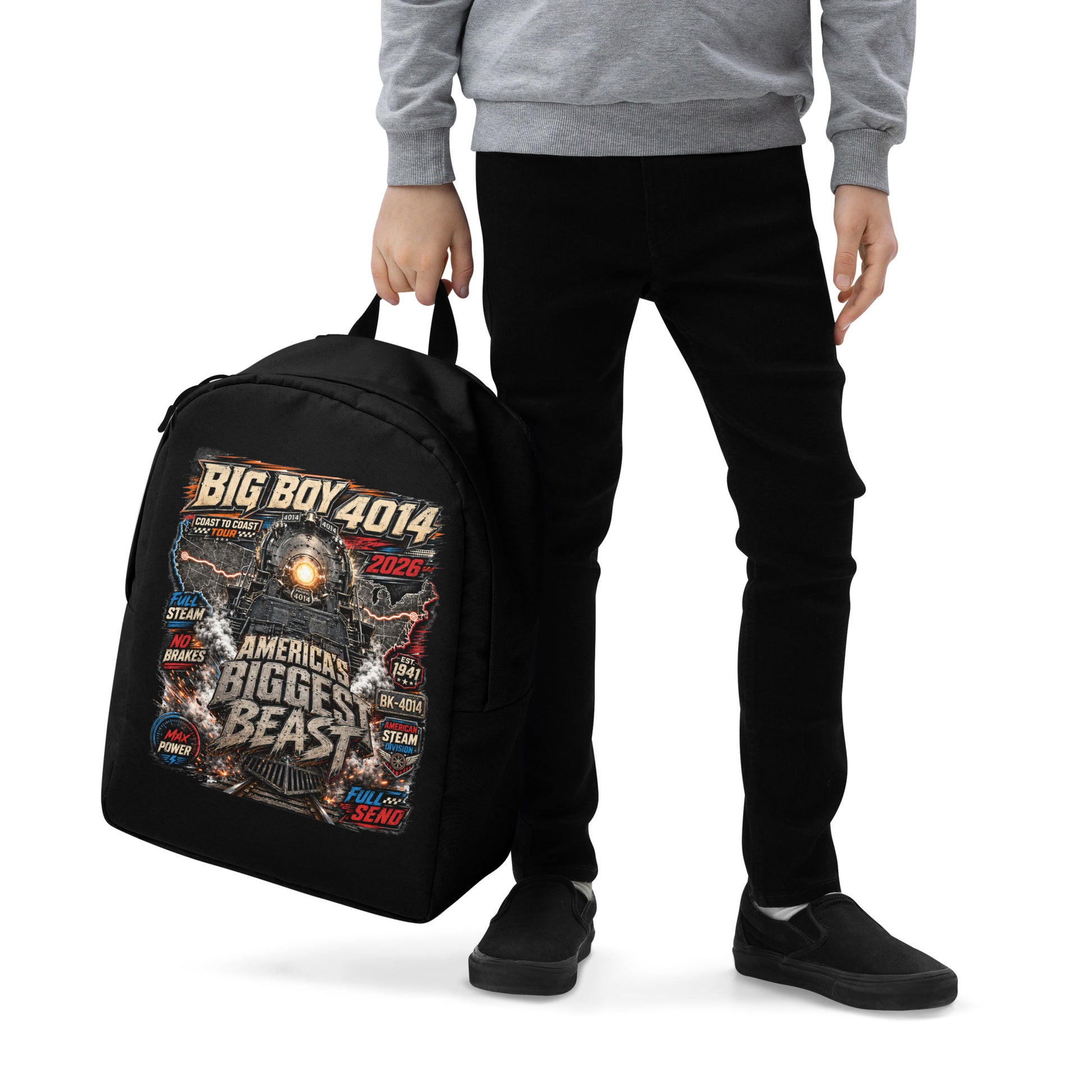 Black minimalist backpack featuring a high-energy, colorful graphic of the Big Boy 4014 steam locomotive backed by a US map, with bold text reading "BIG BOY 4014", "COAST TO COAST TOUR 2026", "AMERICA'S BIGGEST BEAST", "FULL STEAM", "NO BRAKES", "MAX POWER", and "FULL SEND".