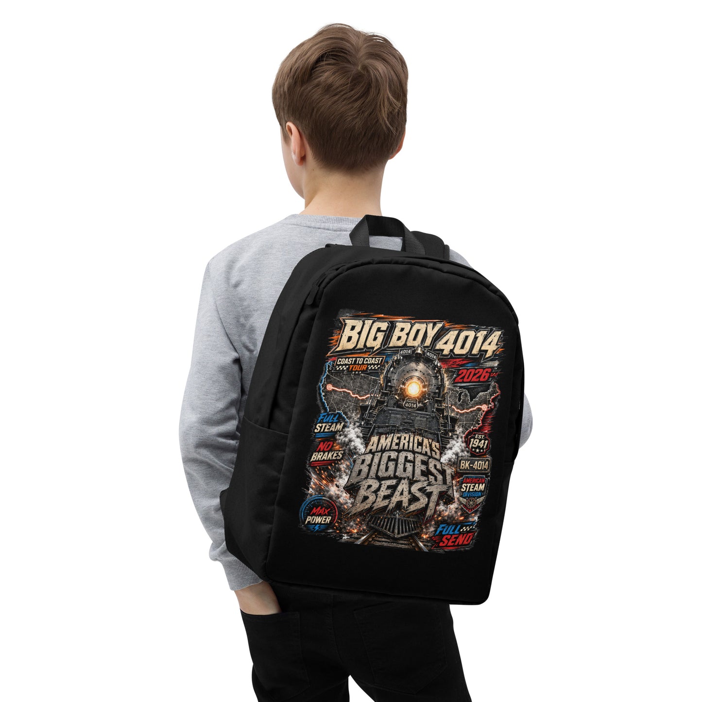 Black minimalist backpack featuring a high-energy, colorful graphic of the Big Boy 4014 steam locomotive backed by a US map, with bold text reading "BIG BOY 4014", "COAST TO COAST TOUR 2026", "AMERICA'S BIGGEST BEAST", "FULL STEAM", "NO BRAKES", "MAX POWER", and "FULL SEND".