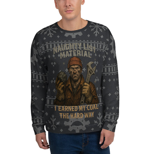 Person wearing a sweater with a graphic design and text on a white background